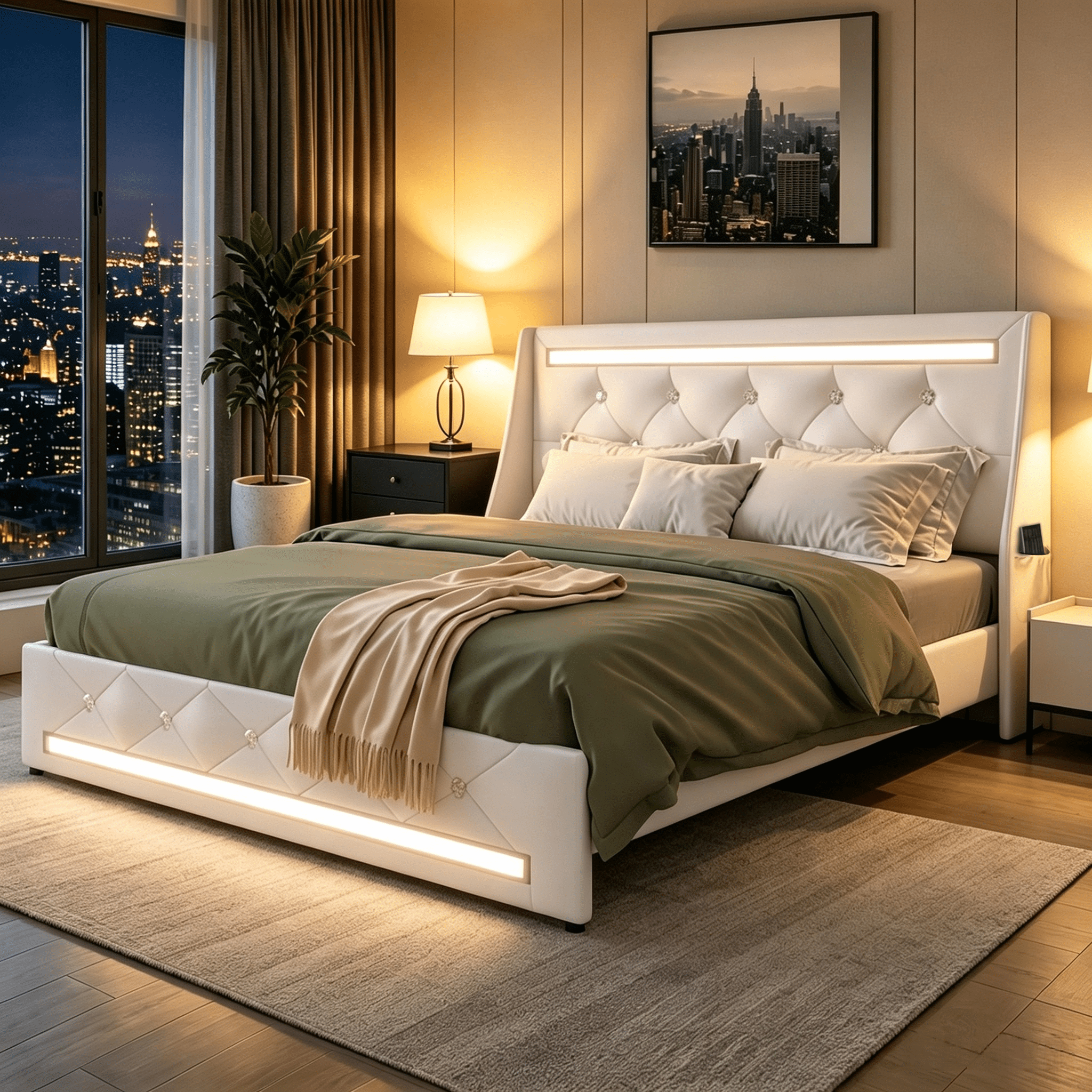 Gewnee Queen Size Faux Leather Platform Bed Frame, Diamond Tufted Wingback Headboard, LED Lights, 4‑in‑1 Charging Station, Side Pockets, Noise‑Free, No Box Spring Needed, White