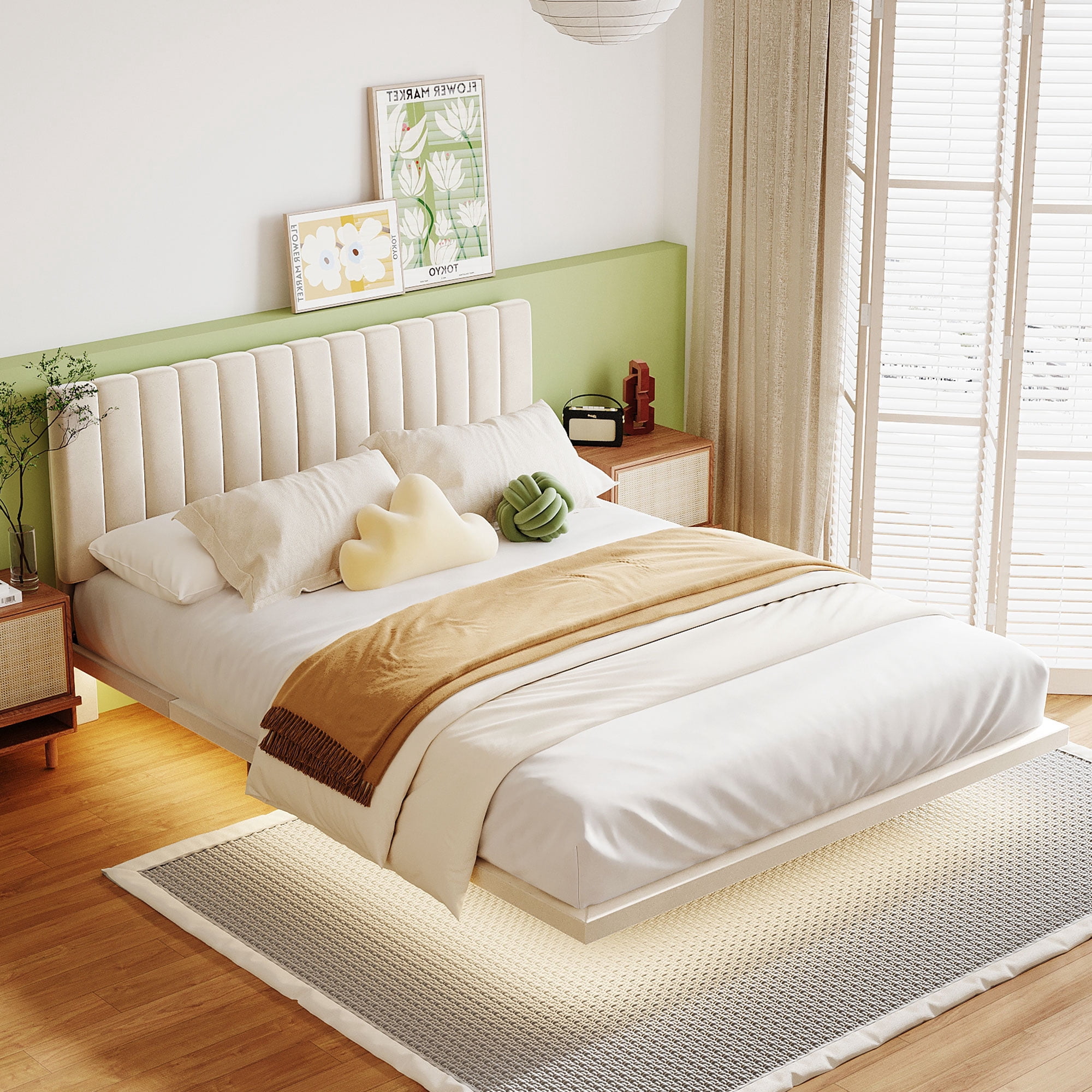 Gewnee Queen Size Floating Upholstered Platform Bed with Sensor Light ,Beige