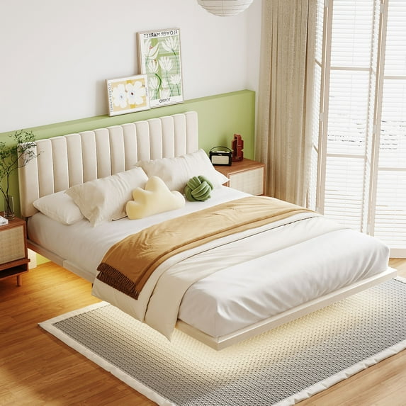Gewnee Queen Size Floating Upholstered Platform Bed with Sensor Light ,Beige