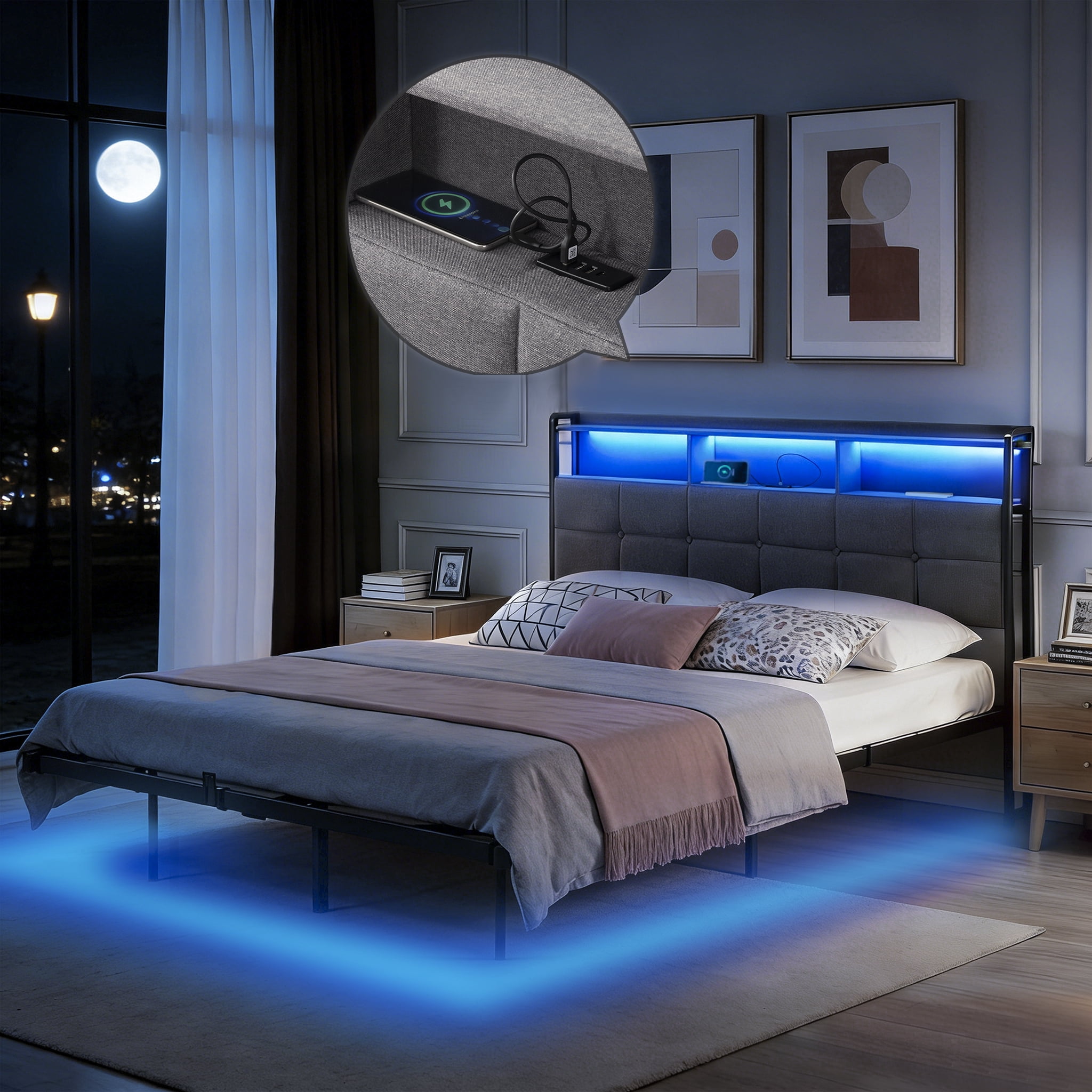 Gewnee Queen Size Bed Frame with RGB LED Lights & Charging Station,Platform Metal Bed Frame with Storage Headboard for Bedroom,No Box Spring Needed.