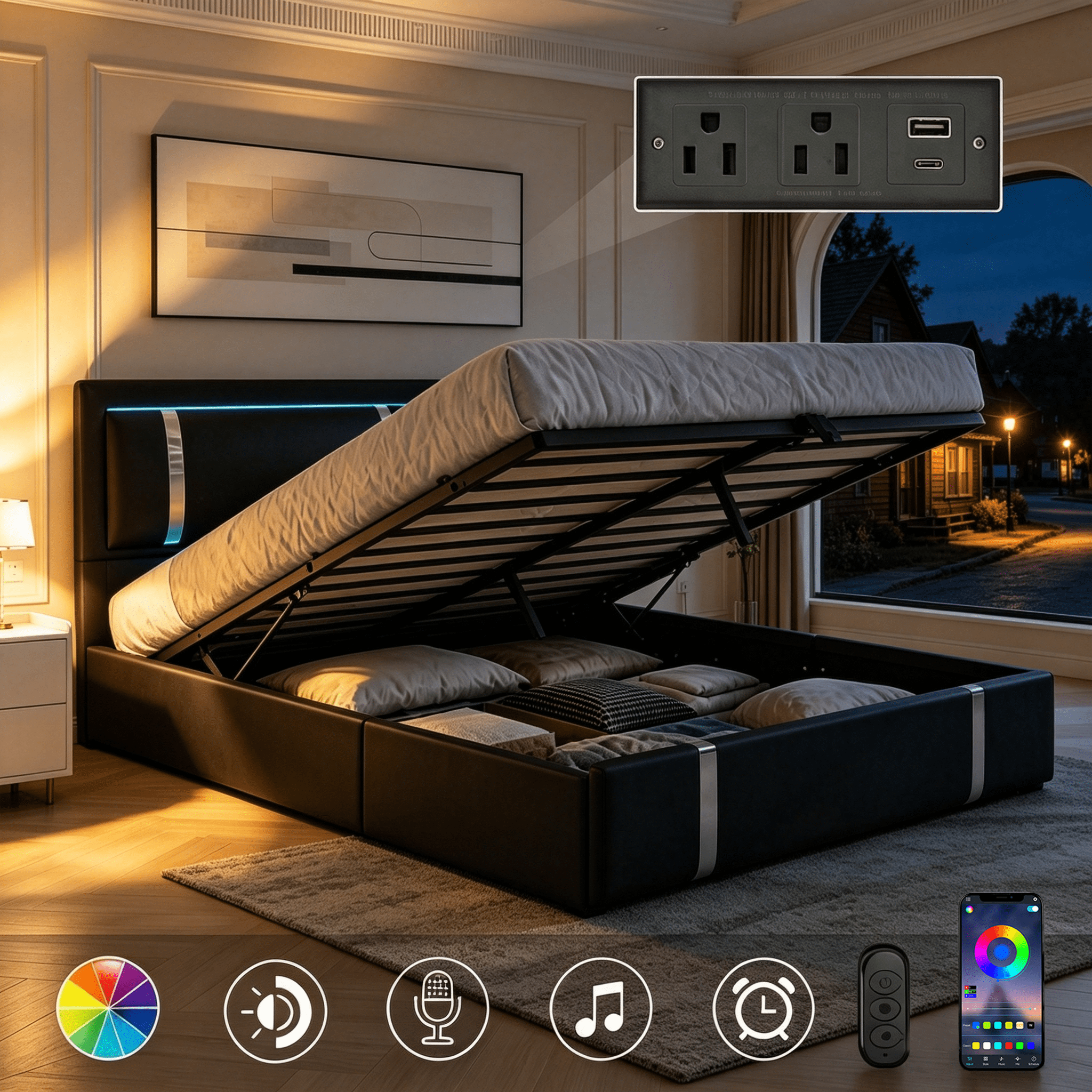 Gewnee Queen Size Lift Up Storage Bed,Faux Leather Upholstered Platform Bed with Adjustable Headboard and Charging Ports,LED Bed Frame with Hydraulic Support.Black