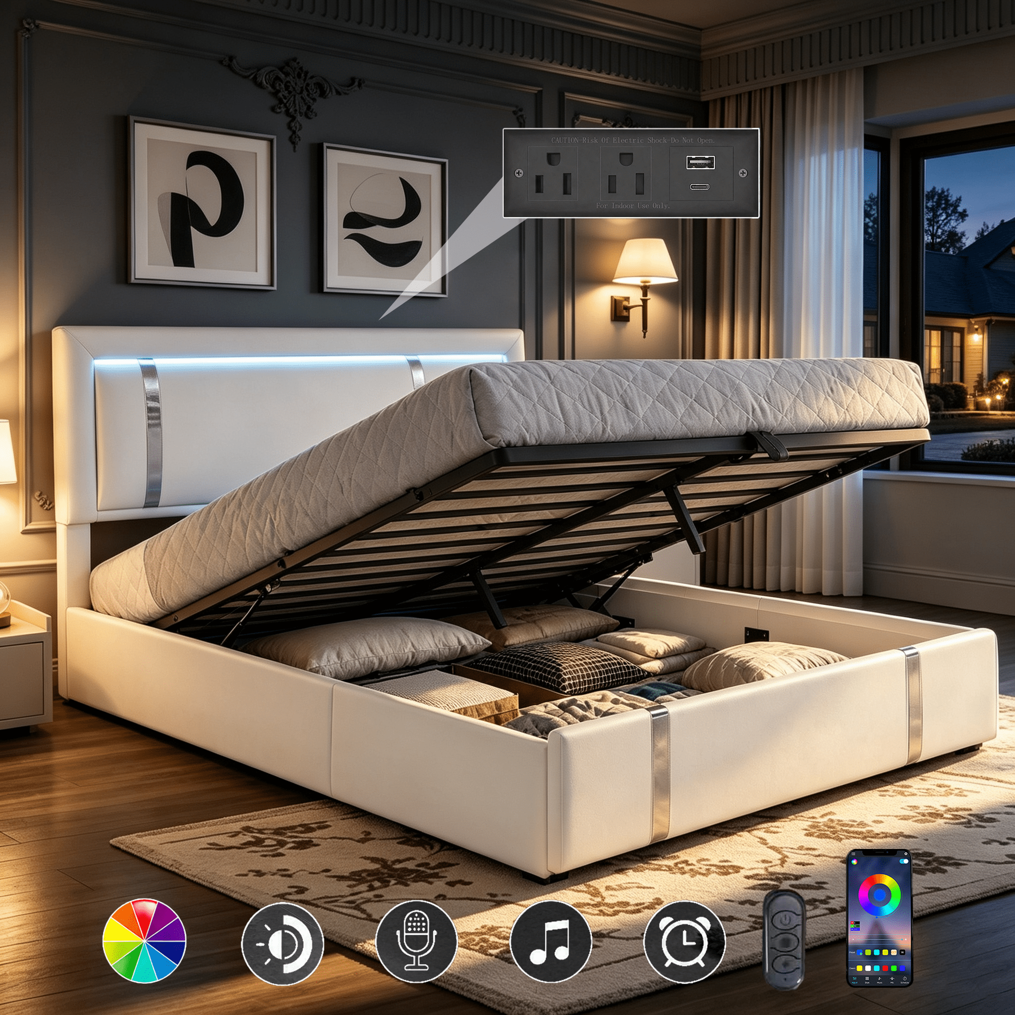 Gewnee Queen Size Lift Up Storage Bed,Faux Leather Upholstered Platform Bed with Adjustable Headboard and Charging Ports,LED Bed Frame with Hydraulic Support.White