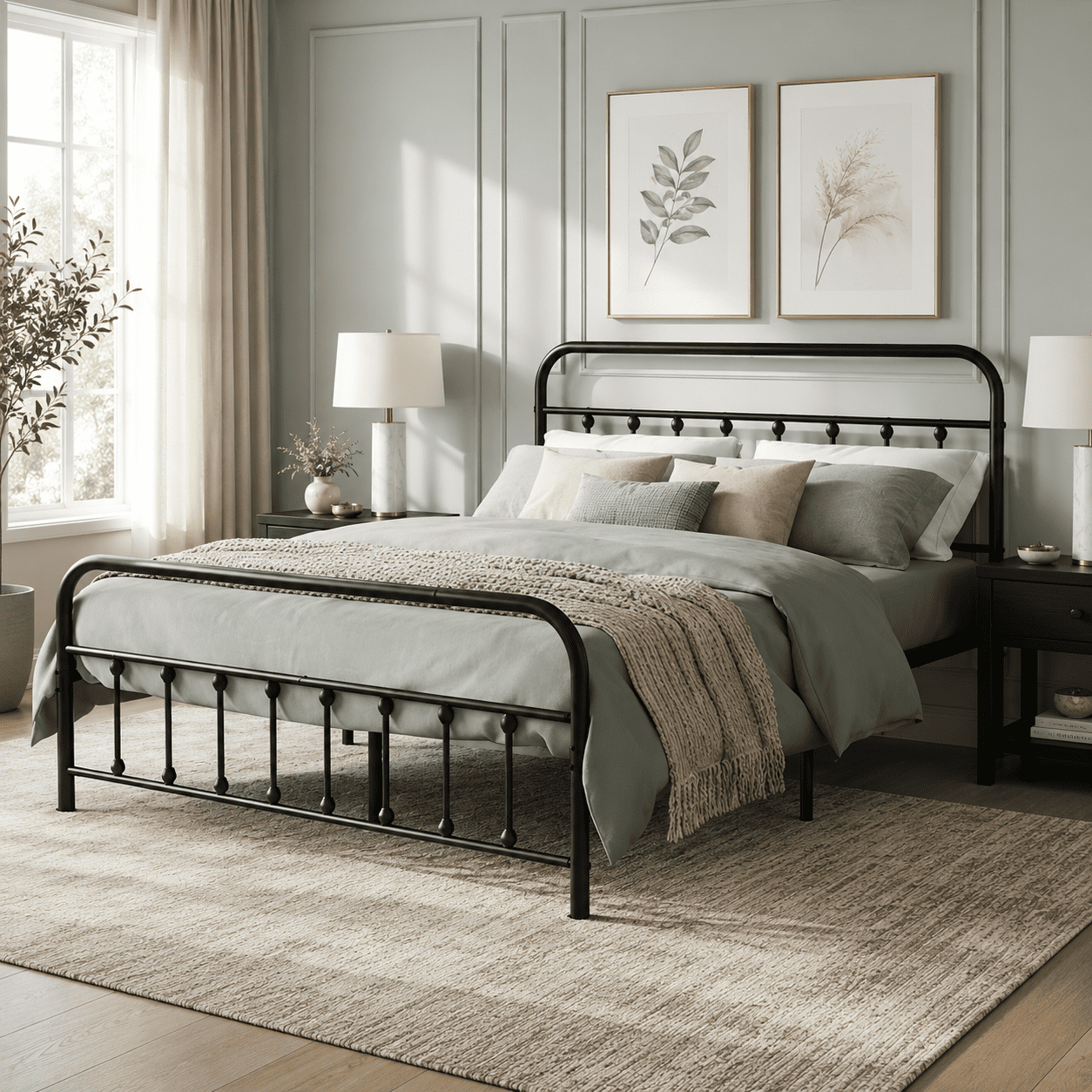Gewnee Queen Size Metal Platform Bed Frame, 100% Solid Metal with Slats & Center Support, No Box Spring, Under Bed Storage, Minimalist Heavy Duty Bed for Bedroom Dorm Guest Room, Black