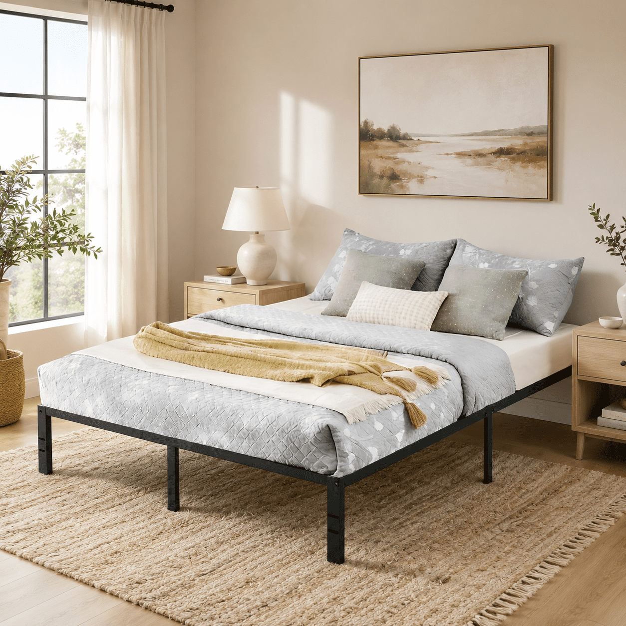 Gewnee Queen Size Metal Bed Frame with Slats, Center Support, No Box Spring Needed, for Bedroom Dorm, Black
