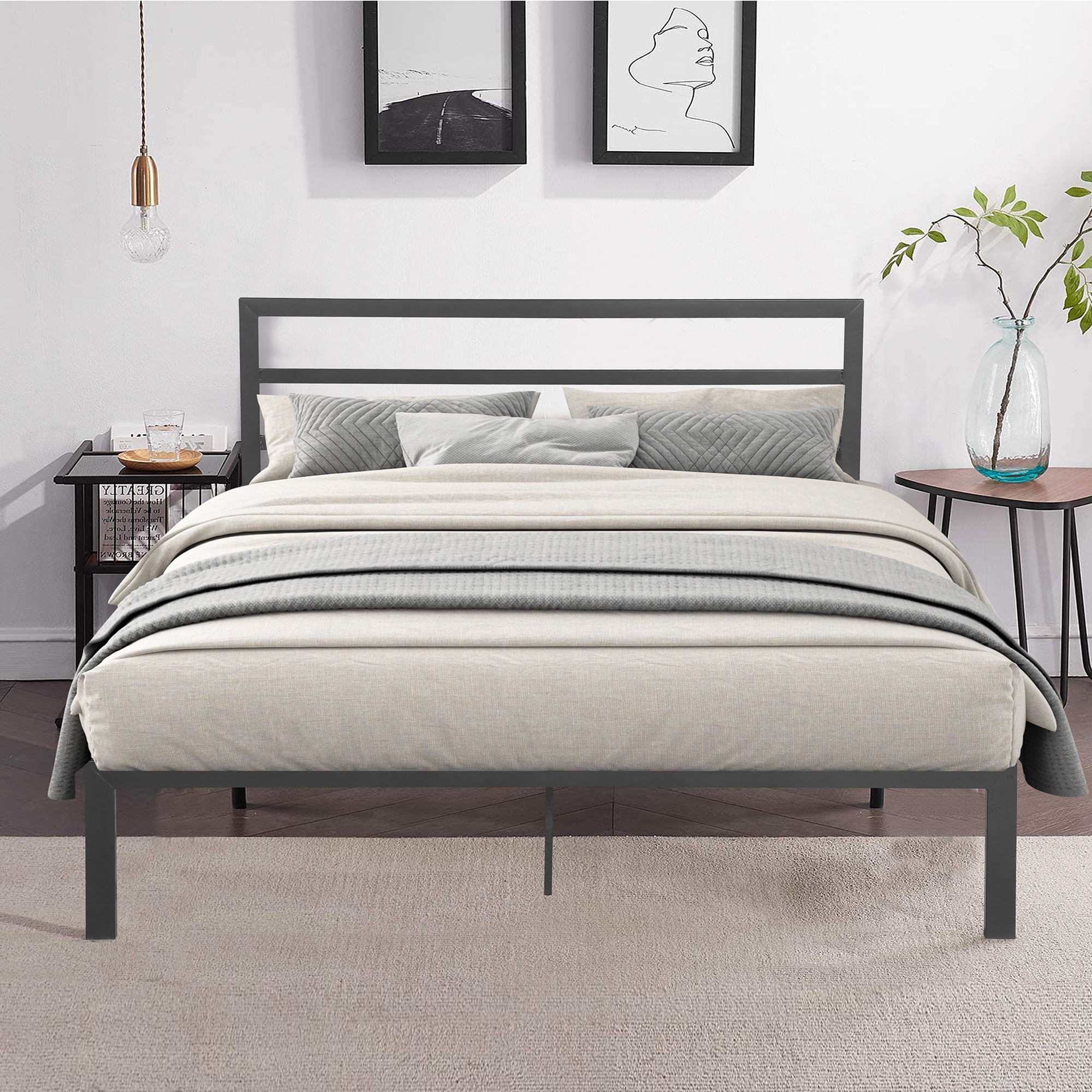 Gewnee Queen Size Metal Platform Bed Frame with Headboard and Footboard with Storage, No Box Spring Needed, Gray