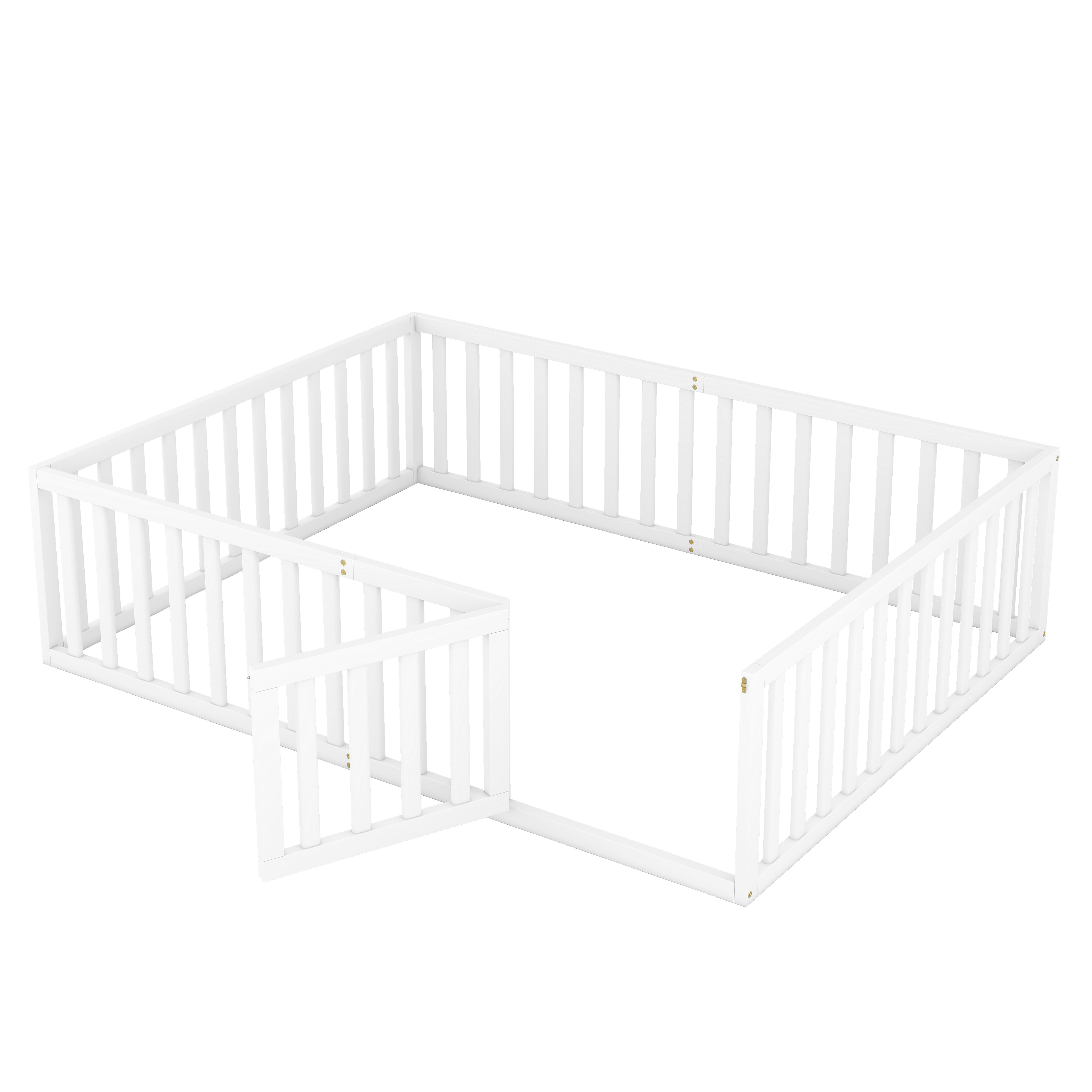 Gewnee Queen Size Montessori Bed for Toddler, Wood Floor Bed Frame with Fence and Door, White