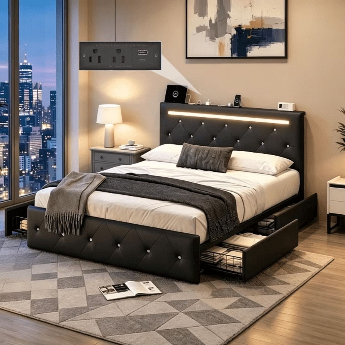 Gewnee Queen‑Size PU Upholstered Bed Frame, 4 Large‑Capacity Drawers, 4‑in‑1 Charging Station, Adjustable Headboard, Adjustable Color, for Bedrooms, No Box Spring Required, Black