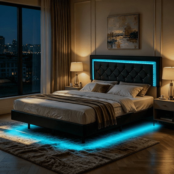 Gewnee Queen Size PU Upholstered Platform Bed Frame,Adjustable Headboard with Wireless Remote to Customize Color and Brightness,Wood Slat Support,No Box Spring Required for Bedroom,Black