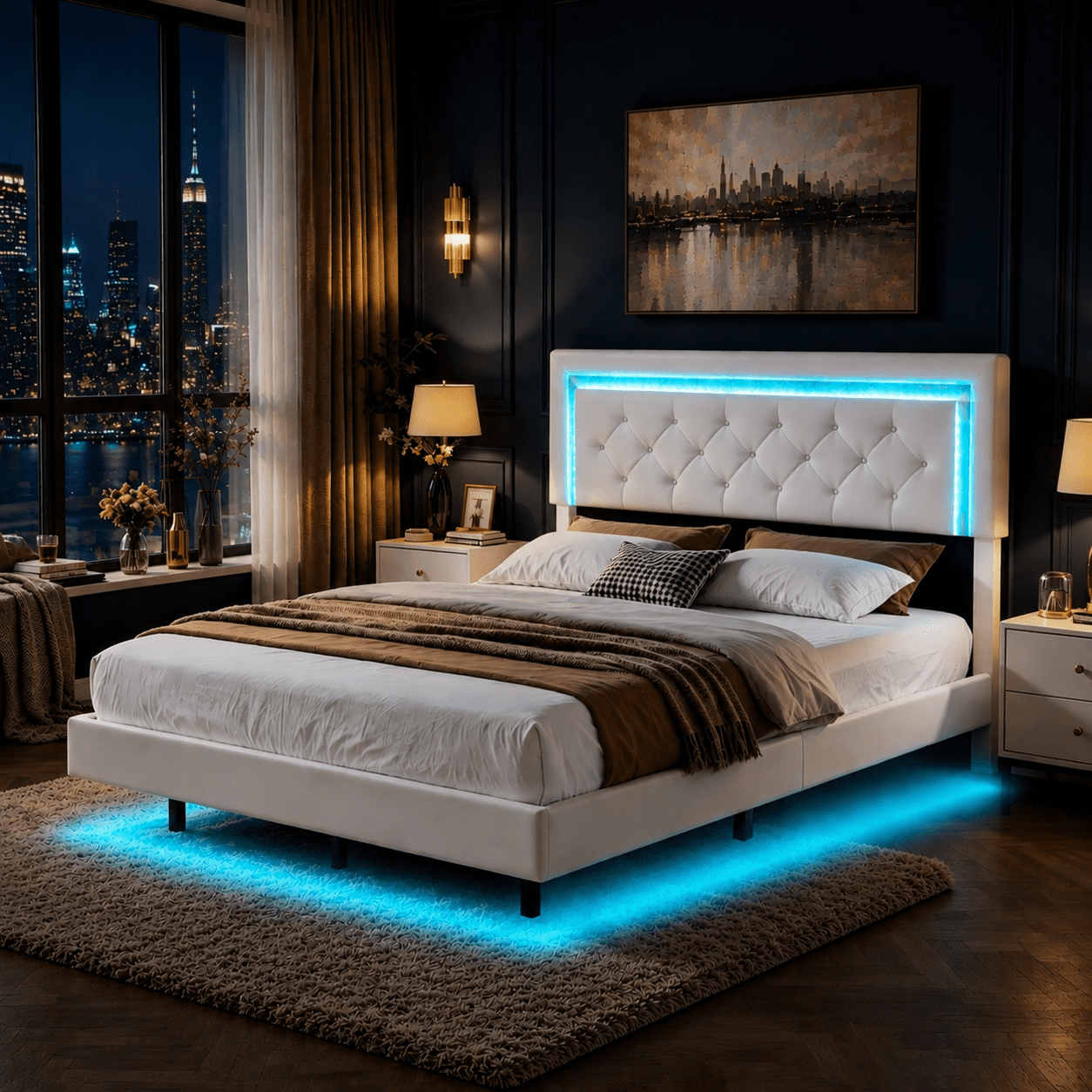 Gewnee Queen Size PU Upholstered Platform Bed Frame,Adjustable Headboard with Wireless Remote to Customize Color and Brightness,Wood Slat Support,No Box Spring Required for Bedroom,White