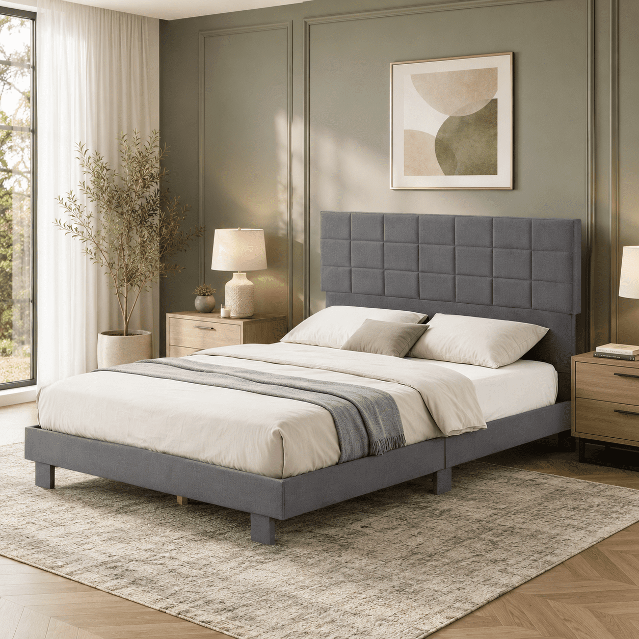 Gewnee Queen Size Platform Bed Frame, Adjustable Linen Upholstered Headboard, Wood Slats, Bedroom, Dark Grey