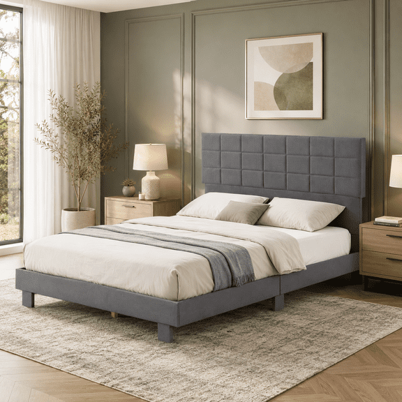 Gewnee Queen Size Platform Bed Frame, Adjustable Linen Upholstered Headboard, Wood Slats, Bedroom, Dark Grey