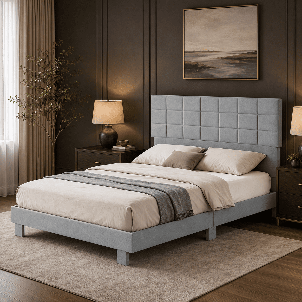 Gewnee Queen Size Platform Bed Frame, Adjustable Linen Upholstered Headboard, Wood Slats, Bedroom, Light Grey