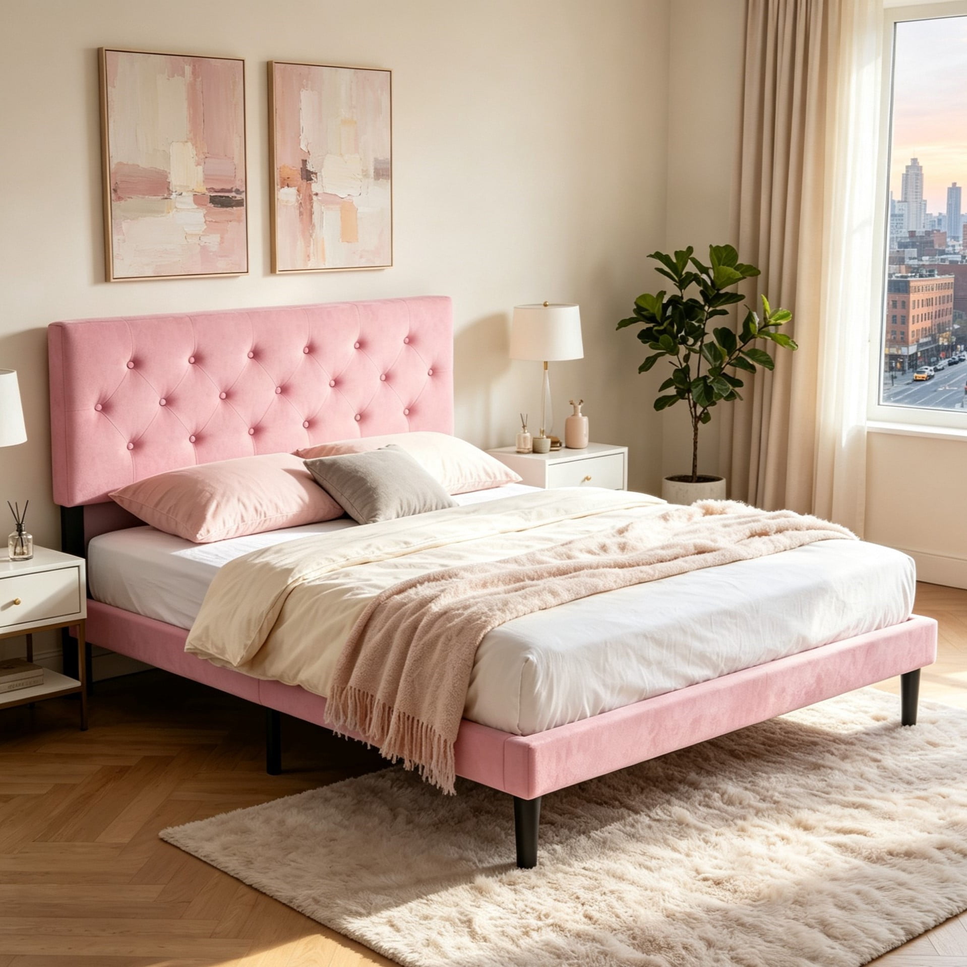 Gewnee Queen Size Bed Frame,Velvet Platform Bed with Upholstered Button Headboard,Modern Bedroom Furniture with Wood Support,No Box Spring Needed,Pink
