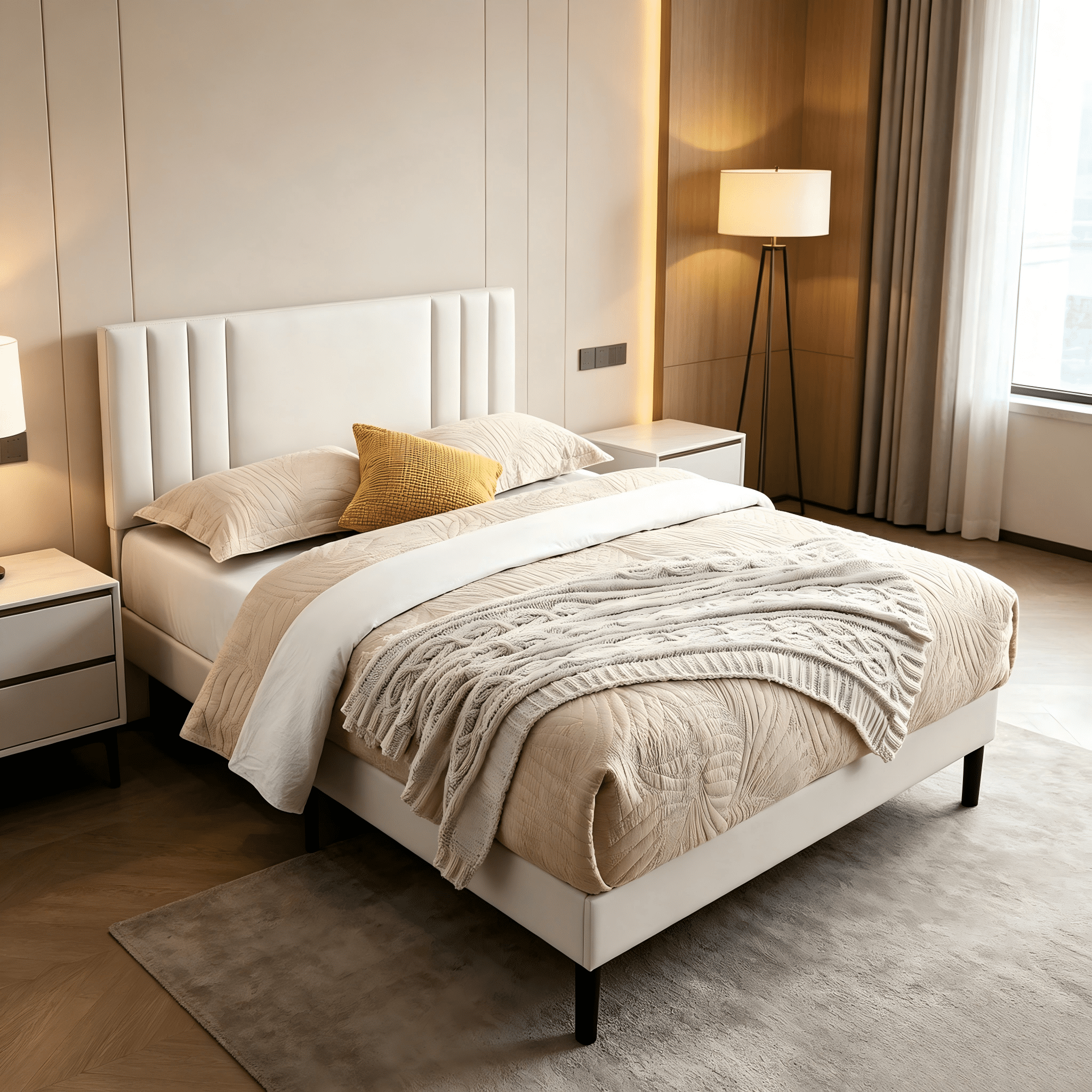Gewnee Queen Size Platform Bed Frame, PU Leather Adjustable Headboard, Wood Slats, No Box Spring Needed for Bedroom Apartment, White