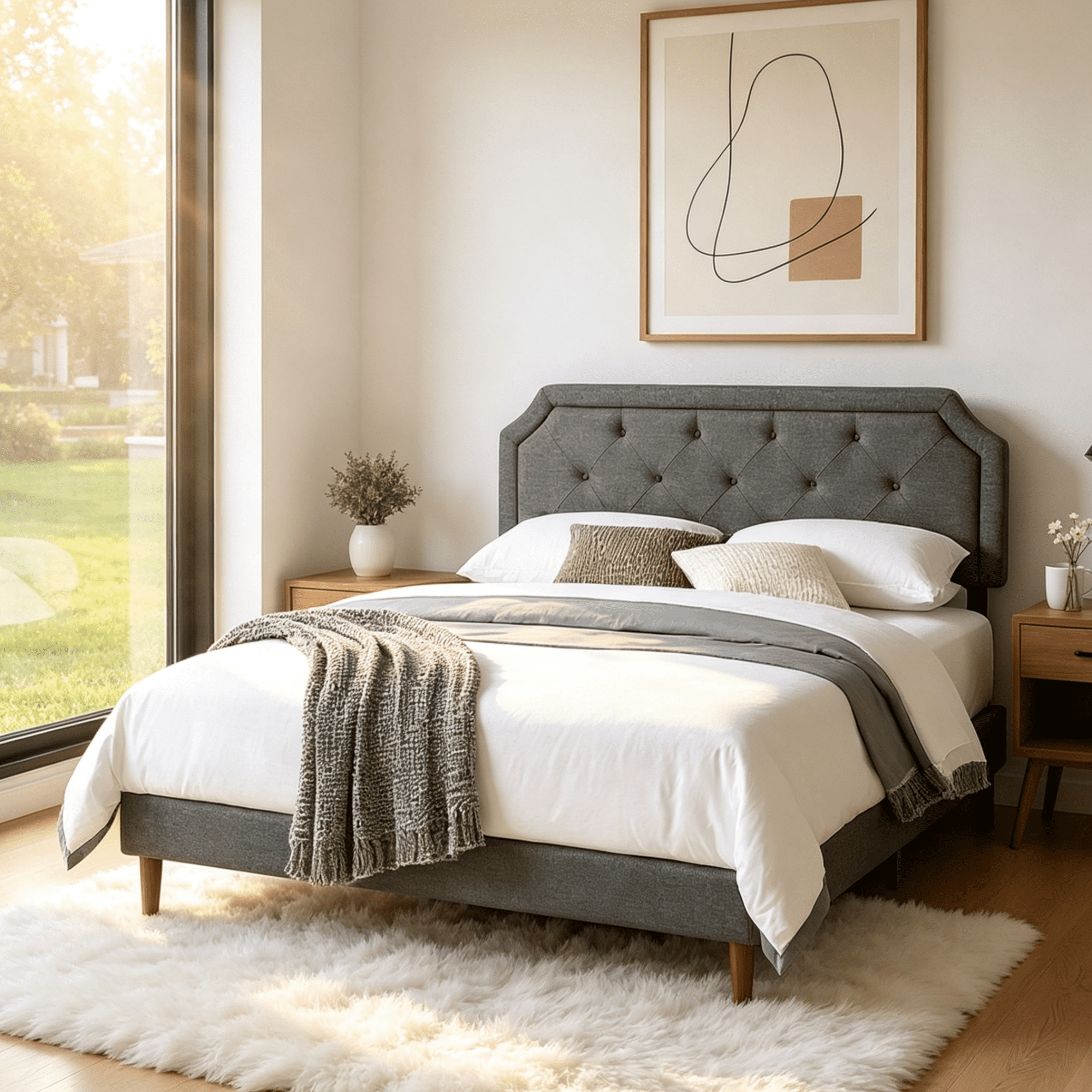 Gewnee Full Size Platform Bed Frame with Gray Upholstered Adjustable Headboard and Wood Slats.No Box Spring Required.
