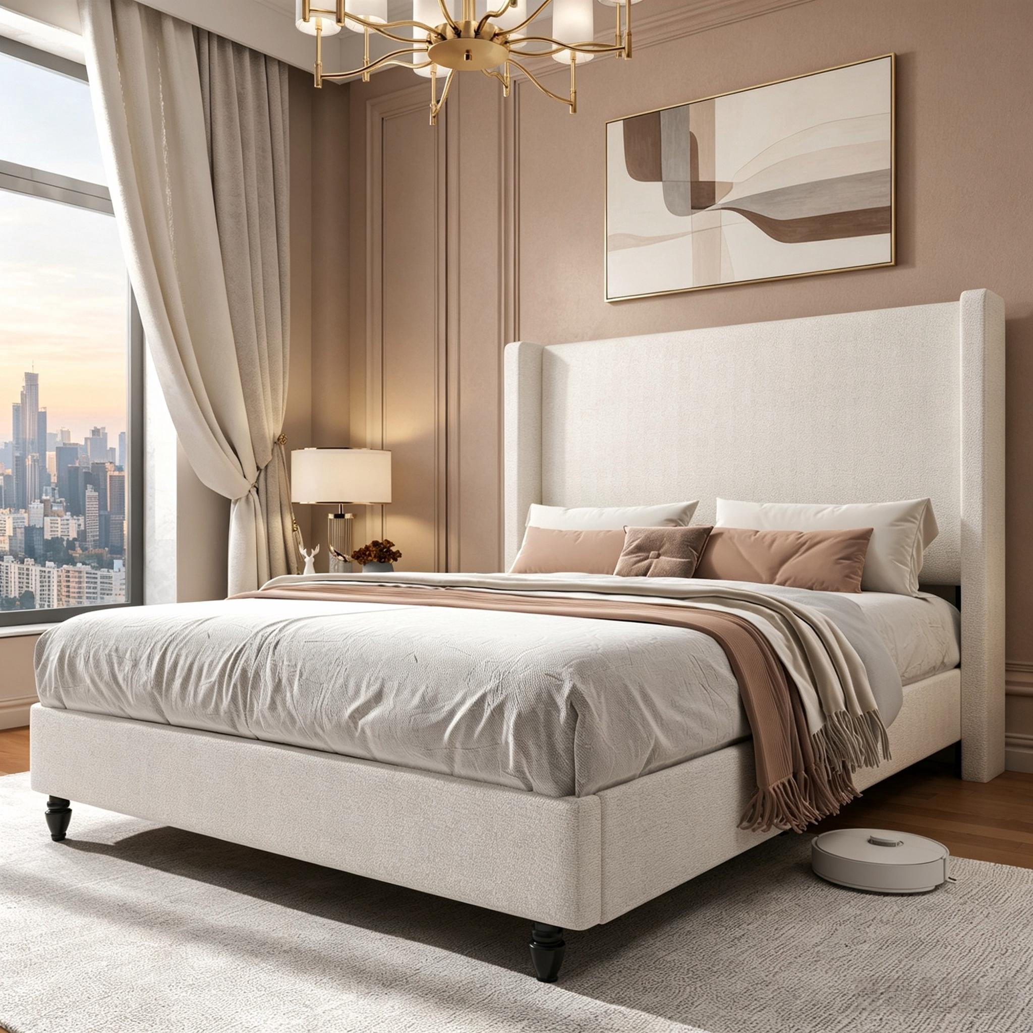 Gewnee Queen Size Platform Bed Frame with Upholstered Wingback Headboard, Sturdy Metal Support, Noise‑Free, No Box Spring Needed, Modern Bedroom Furniture, Beige