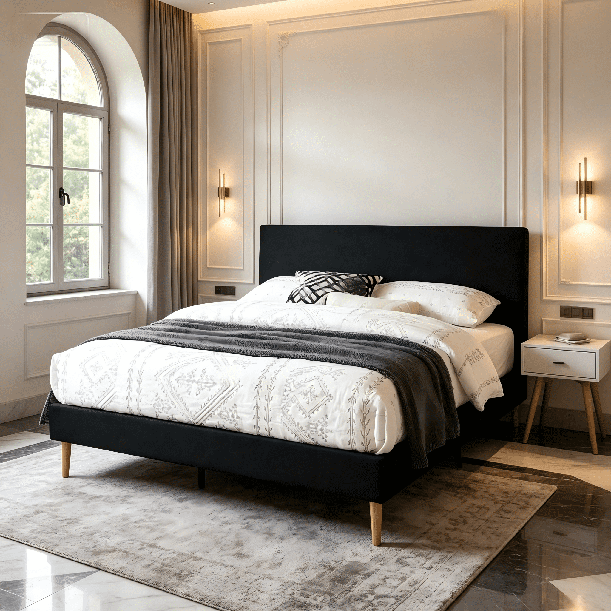 Gewnee Queen Size Platform Bed Frame with Upholstered Headboard, Central Support, Black for Bedroom Use
