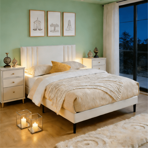 Gewnee Queen Size Platform Bed Frame with Upholstered Headboard,Faux Leather,Wood Slat Support,Easy Assembly,No Box Spring Required.White