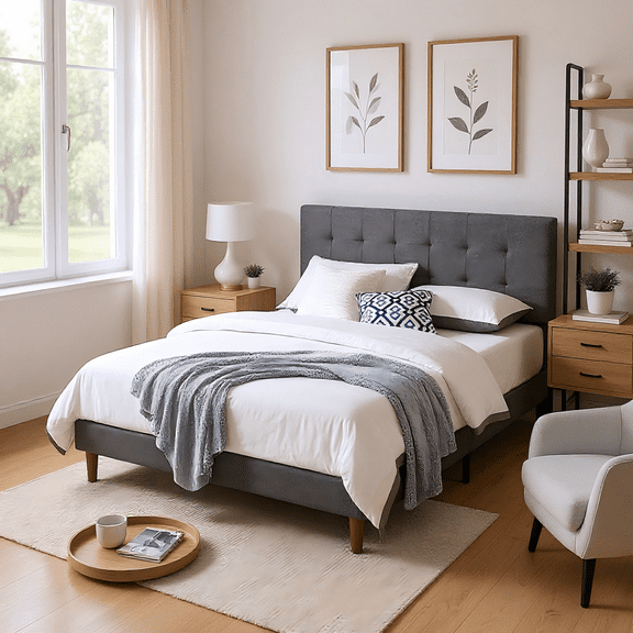 Gewnee Queen Size Platform Bed Frame with Upholstered Headboard and wood slats support.No Box Spring Required.Grey