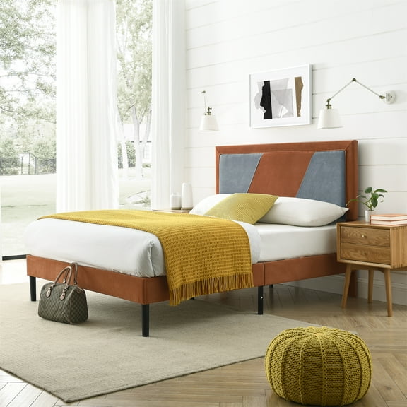 Gewnee Queen Size Platform Bed Frame with Upholstered Headboard and wood slats support.No Box Spring Required.(Orange)