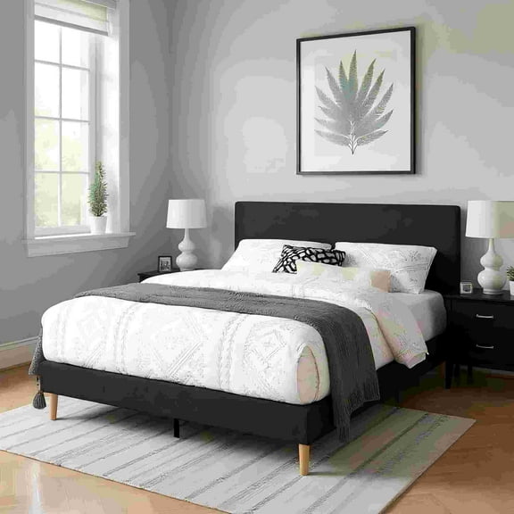 Gewnee Queen Size Platform Bed Frame with Upholstered Teddy Velvet Headboard, Sturdy Wood Slats Support & Center Leg.No Box Spring Required