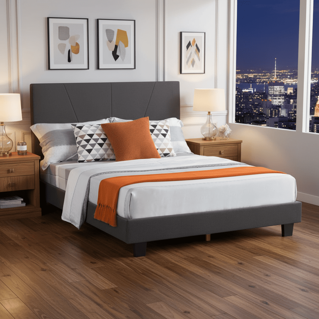 Gewnee Queen Size Platform Bed with Headboard,Fabric Upholstered Bed Frame,Strong Wood Slats Support,Easy Assembly,No Box Spring Needed（Dark Gray)