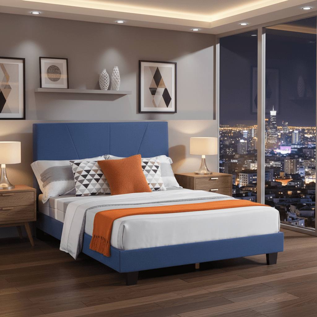 Gewnee Queen Size Platform Bed with Headboard,Fabric Upholstered Bed Frame,Strong Wood Slats Support,Easy Assembly,No Box Spring Needed (Navy Blue)