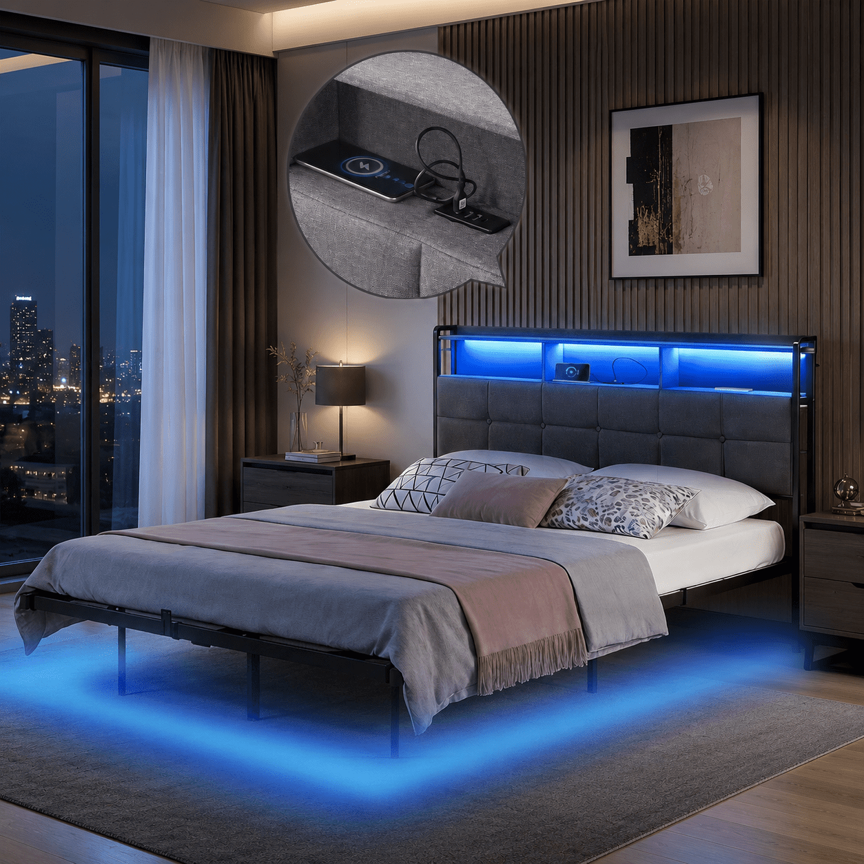Gewnee Queen Size RGB LED Bed Frame with Charging Station, Shelf, Padded Headboard, Metal Platform, No Box Spring Needed for Bedroom, Gray