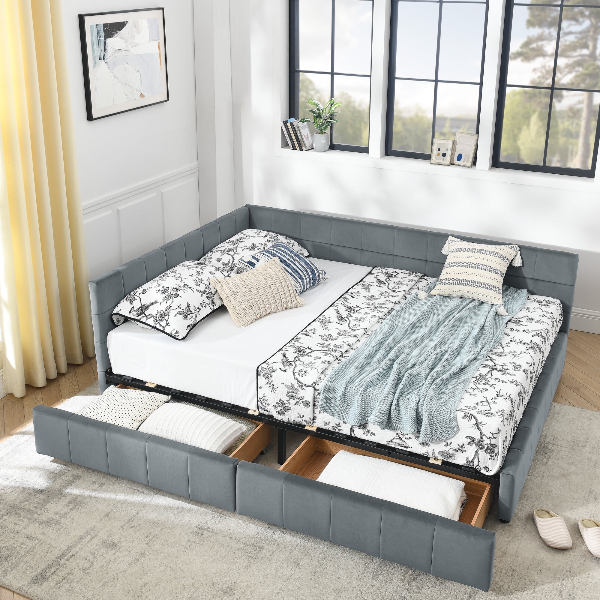Gewnee Queen Size Storage Upholstered Tufted Sofa Bed Frame with Comfortable Backrest and Armrests for Bedroom