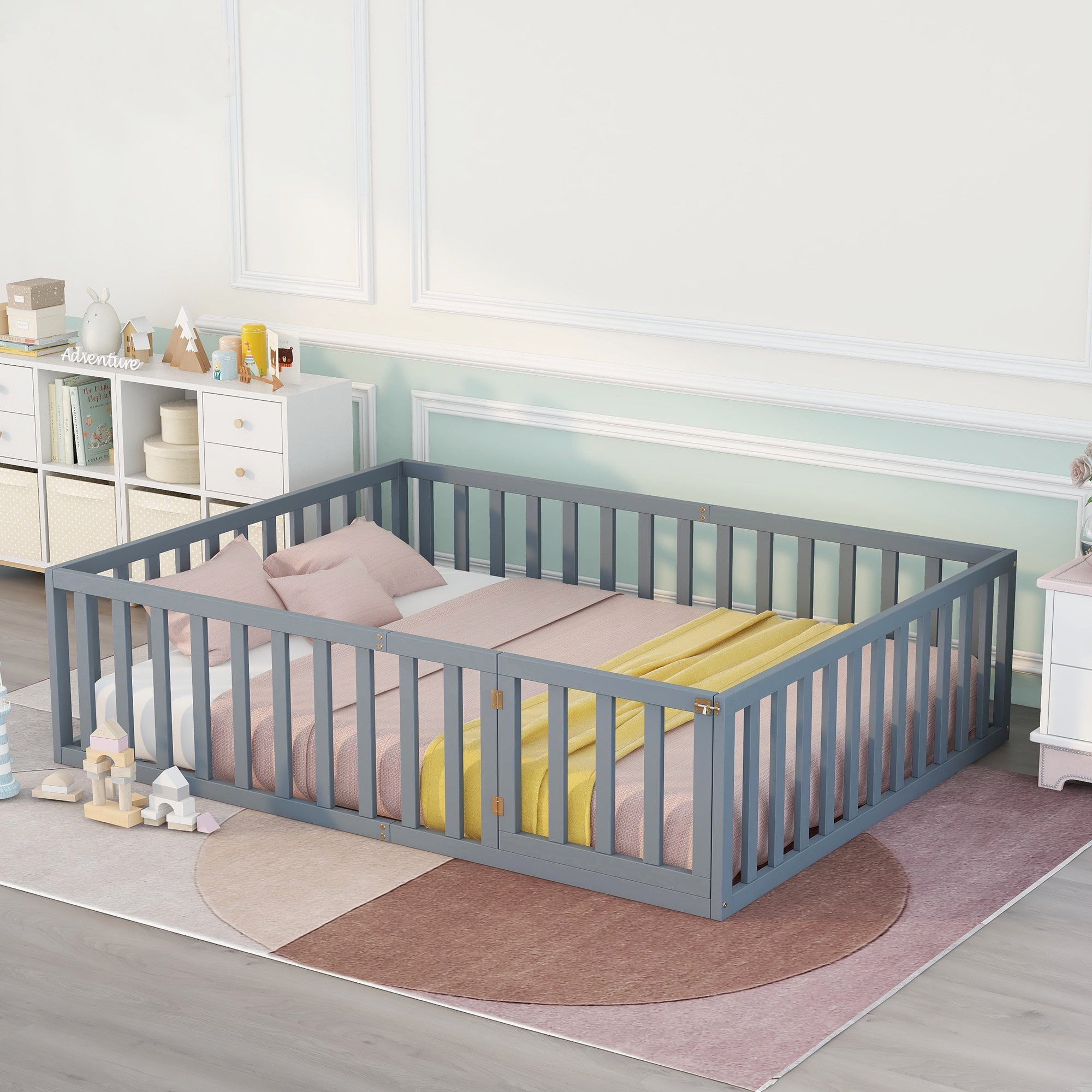 Gewnee Queen Size Toddler Floor Bed,Pine Wood Kids Floor Bed Frame with Fence and Door,Gray