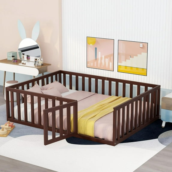 Gewnee Queen Size Toddler Floor Bed,Pine Wood Kids Floor Bed Frame with Fence and Door,Walnut