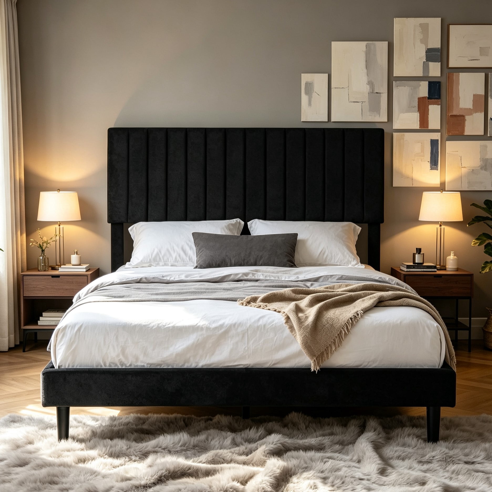 Gewnee Queen Size Upholstered Bed Frame,Velvet Platform Bed with Adjustable Headboard,Modern Bedroom Furniture with Wood Support,No Box Spring Needed,Black