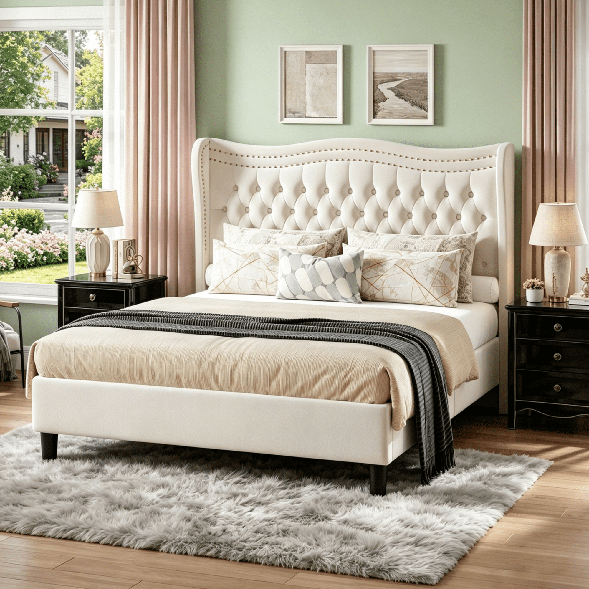 Gewnee Queen Size Upholstered Bed Frame with Wingback Headboard,Velvet ...
