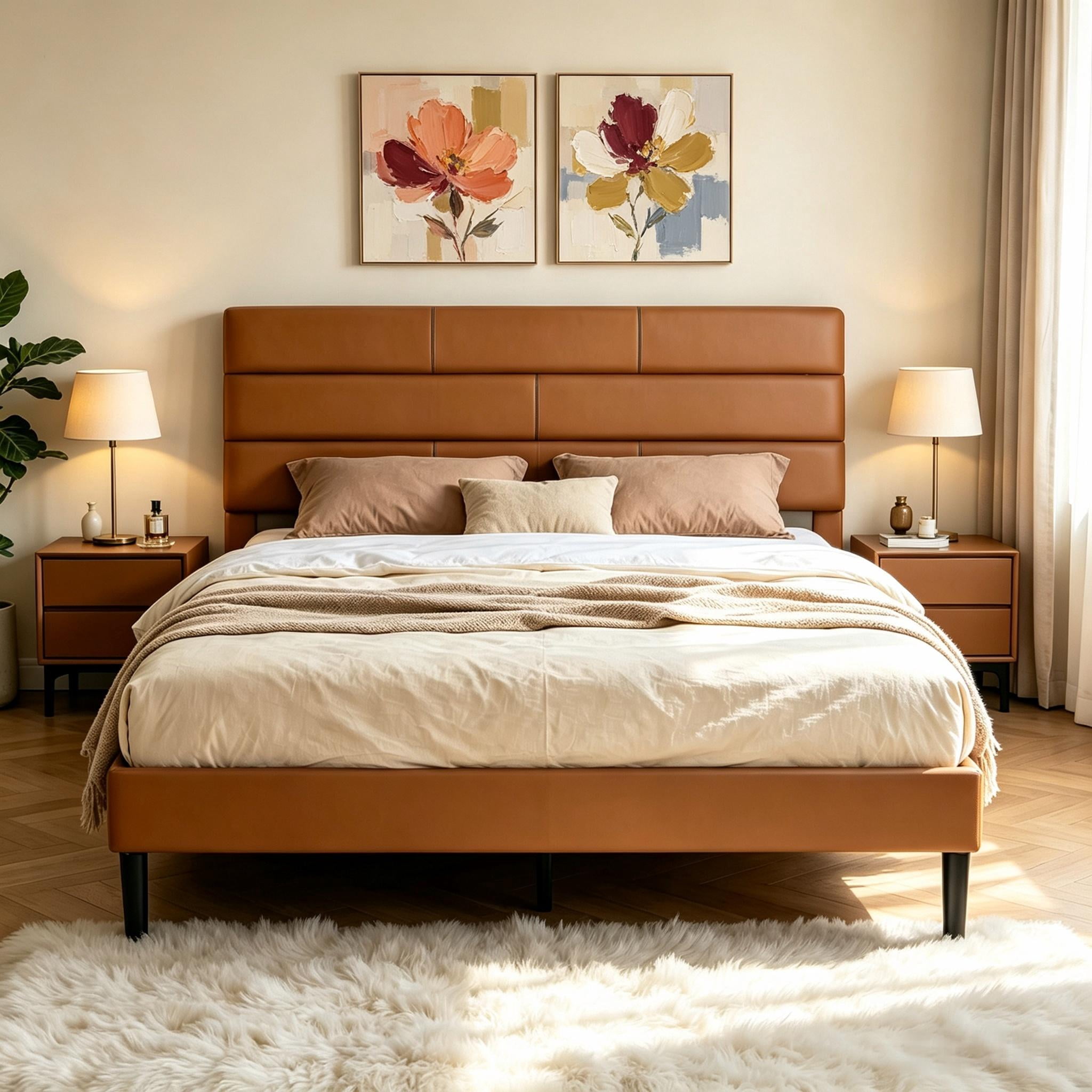 Gewnee Queen Size Bed Frame,Upholstered Platform Bed Frame with PU Headboard,Wood Platform Bed,No Box Spring.Brown