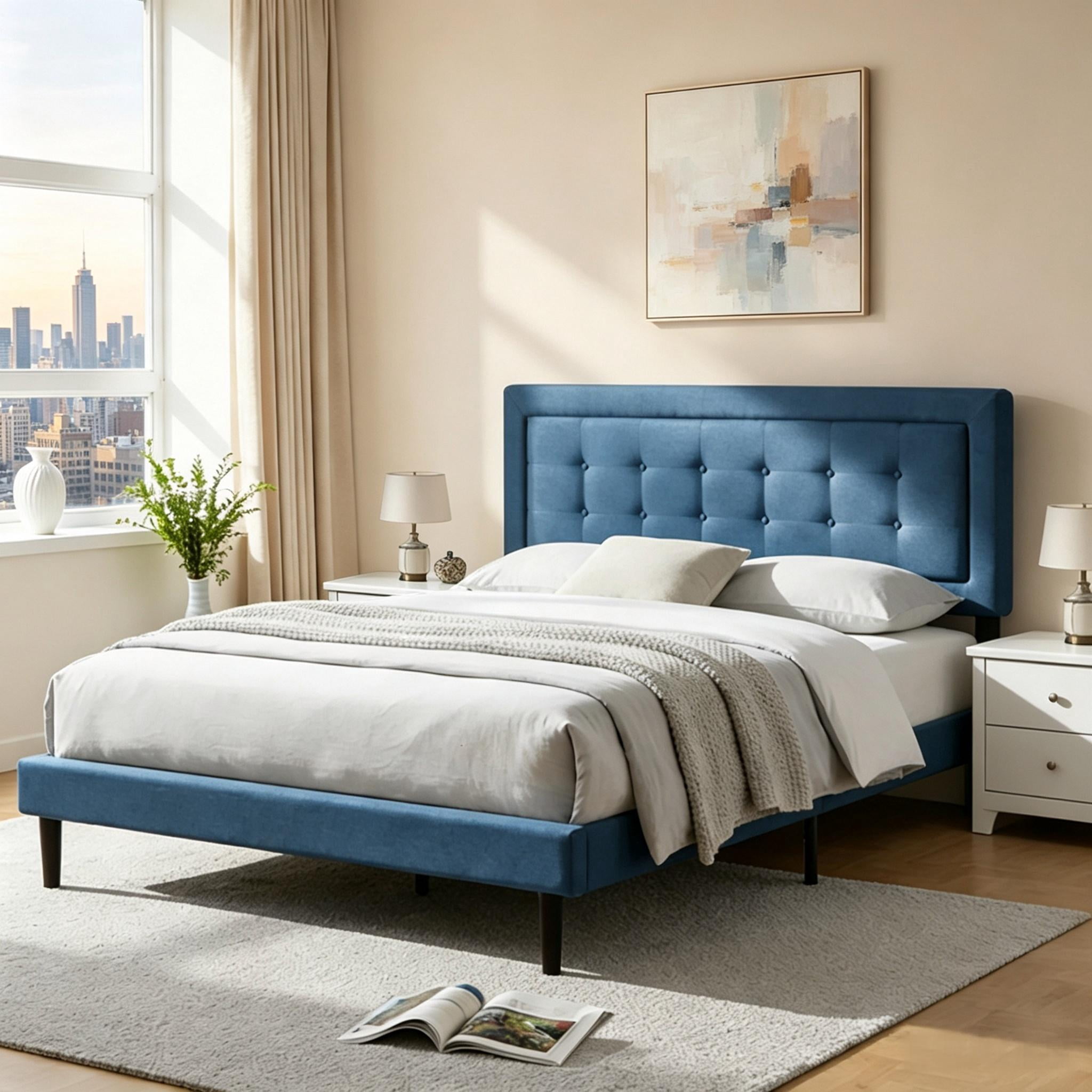 Gewnee Queen Size Upholstered Platform Bed Frame, Tufted Headboard, Solid & Manufactured Wood, Wood Slat Support, Under Bed Clearance for Robot Vacuum, for Bedroom， Dark Blue Linen