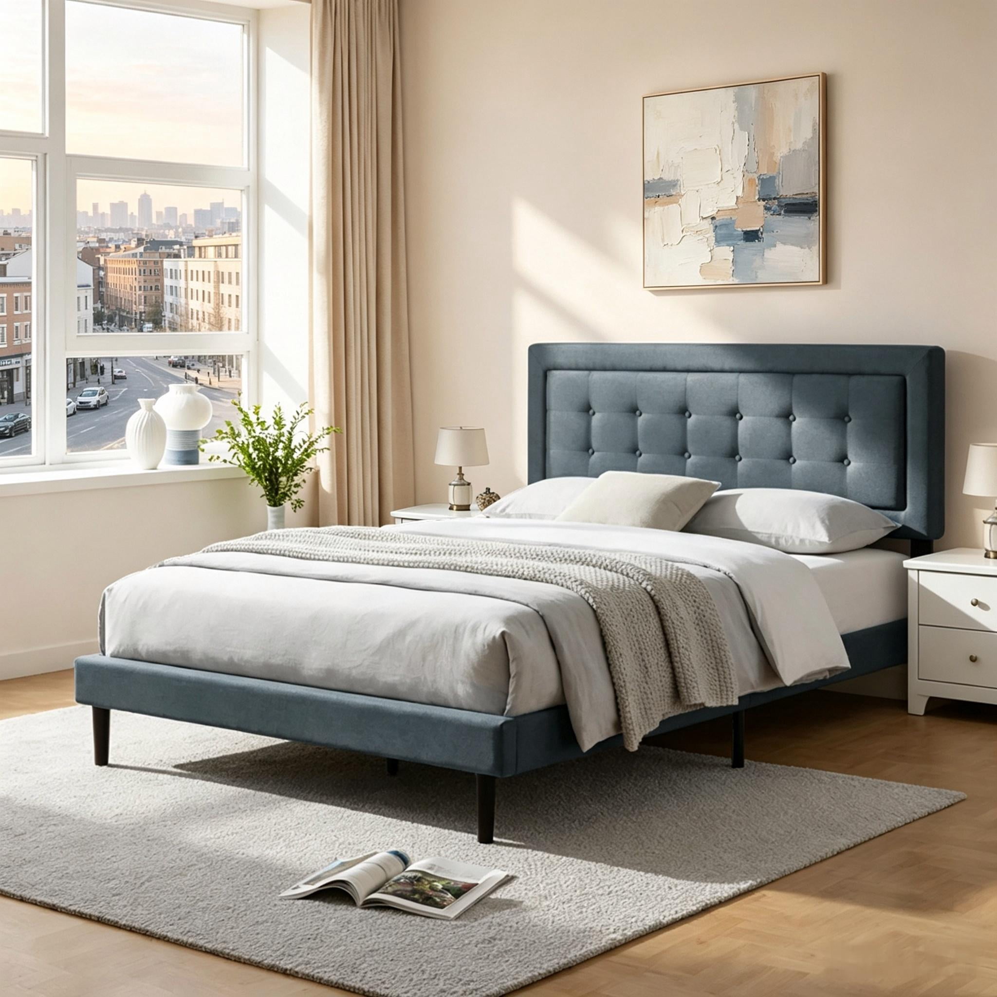 Gewnee Queen Size Upholstered Platform Bed Frame, Tufted Headboard, Solid & Manufactured Wood, Wood Slat Support, Under Bed Clearance for Robot Vacuum, for Bedroom， Dark Gray Linen