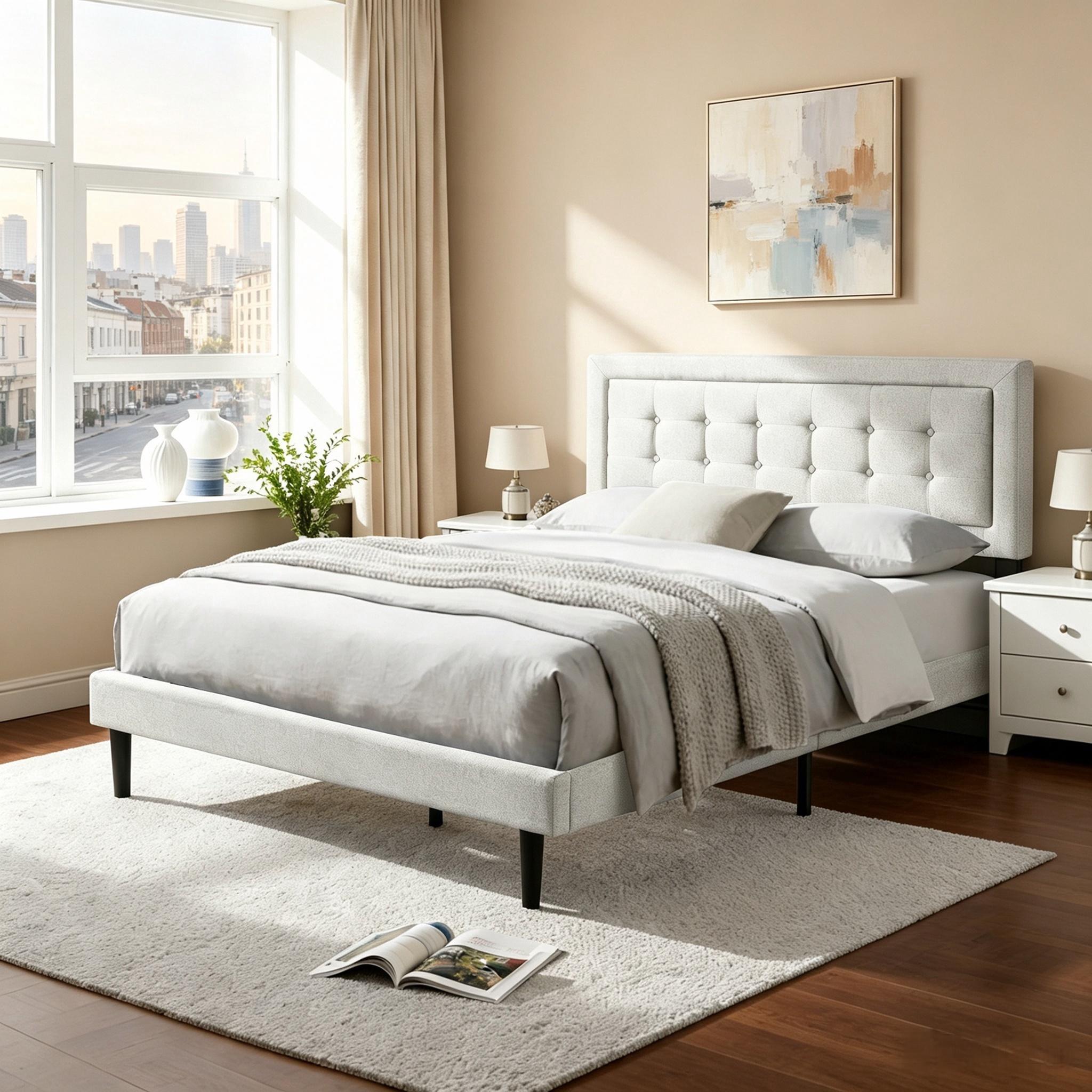 Gewnee Queen Size Upholstered Platform Bed Frame, Tufted Headboard, Solid & Manufactured Wood, Wood Slat Support, Under Bed Clearance for Robot Vacuum, for Bedroom， Light Gray Linen