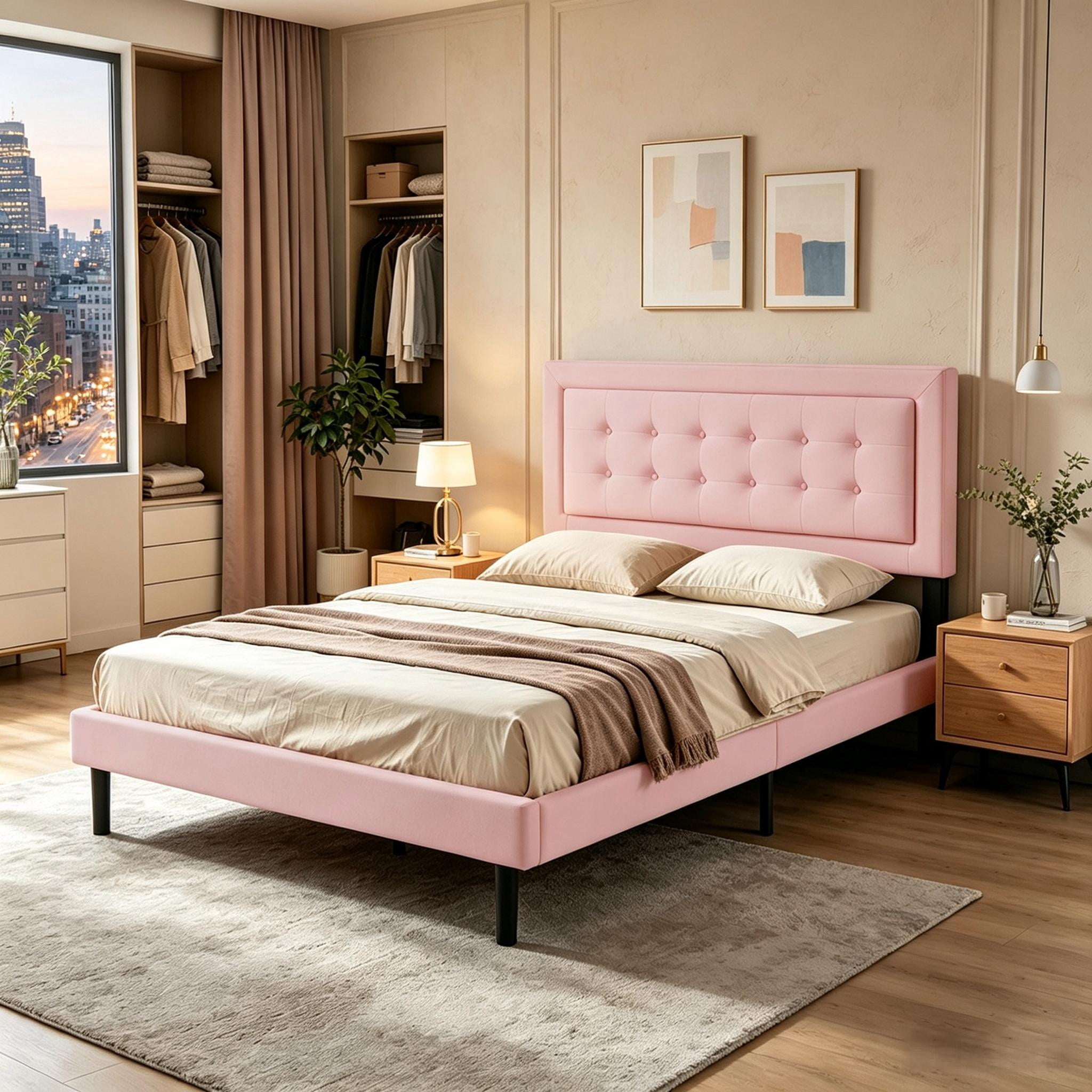 Gewnee Queen Size Upholstered Platform Bed Frame, Tufted Headboard, Solid & Manufactured Wood, Wood Slat Support, Under Bed Clearance for Robot Vacuum, for Bedroom， Pink Velve