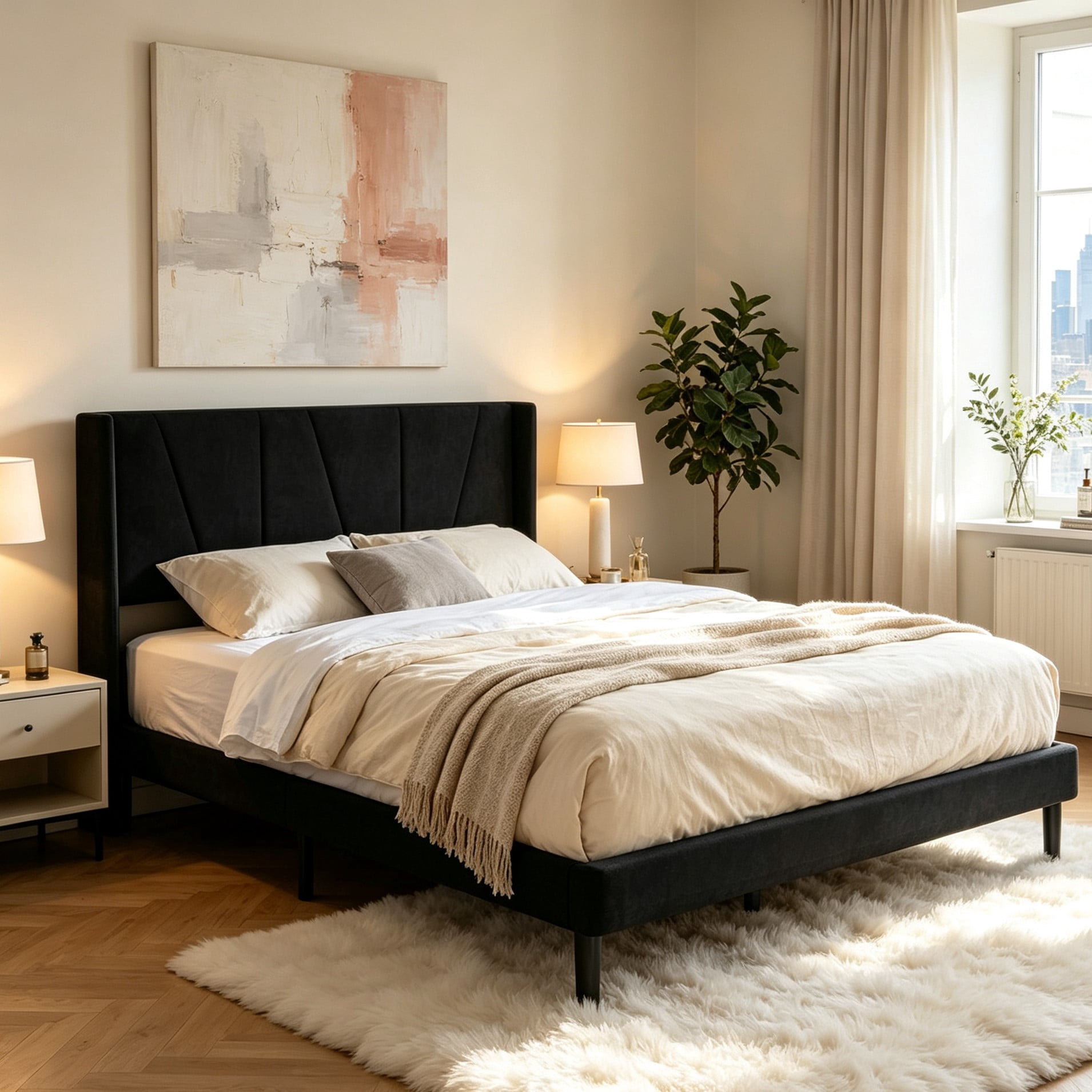 Gewnee Queen Size Bed Frame,Velvet Upholstery Platform Bed with Headboard,No Box Spring Needed,Black