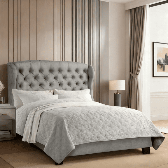 Gewnee Queen Size Upholstered Platform Bed Frame with Adjustable Wingback Headboard, Box Spring Required, Light Gray