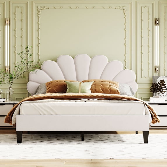Gewnee Queen Size Upholstered Velvet Platform Bed Frame with Flower Pattern Headboard, Beige
