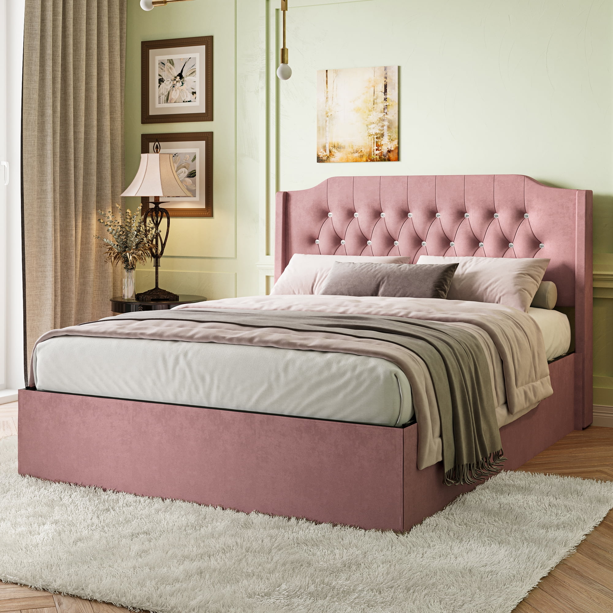 Gewnee Queen Size Velvet Modern Bed Frame with Deep Button Anna Diamond Upholstered Platform Tufted Headboard,