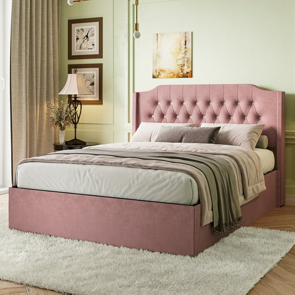 Gewnee Queen Size Velvet Modern Bed Frame with Deep Button Anna Diamond Upholstered Platform Tufted Headboard,