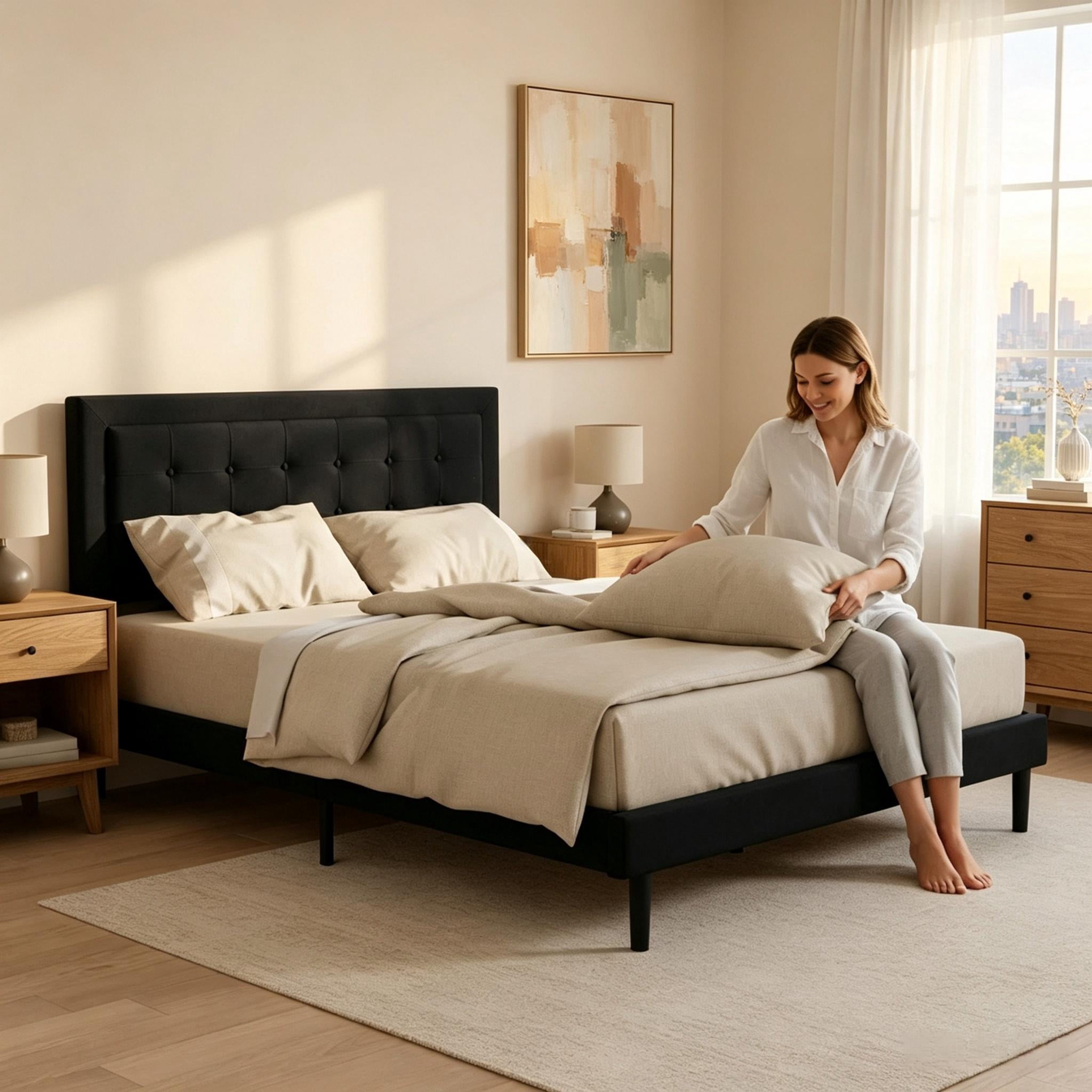 Gewnee Queen Size Velvet Platform Bed Frame, Square Tufted Headboard, Wood Slats Support, 600 LBS Capacity, Easy Assembly, Bedroom Furniture, Black