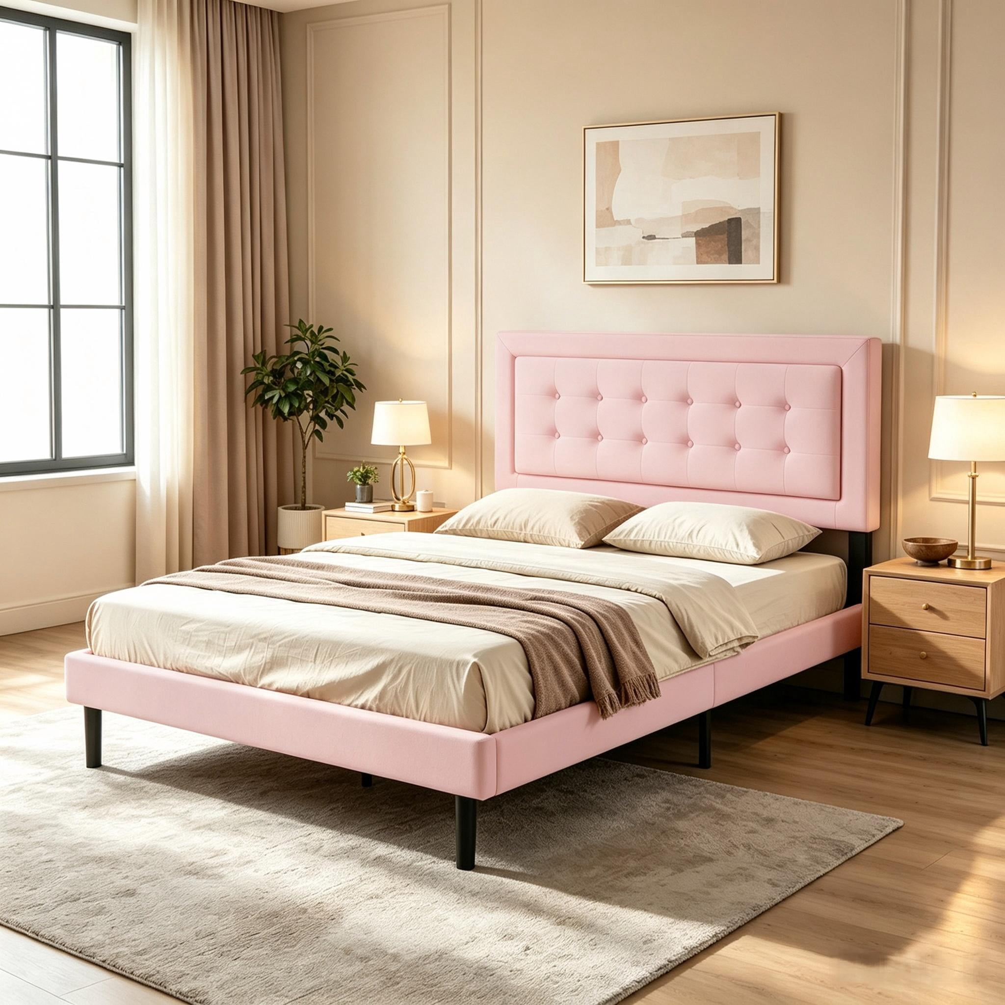 Gewnee Queen Size Velvet Platform Bed Frame, Square Tufted Headboard, Wood Slats Support, 600 LBS Capacity, Easy Assembly, Bedroom Furniture, Pink