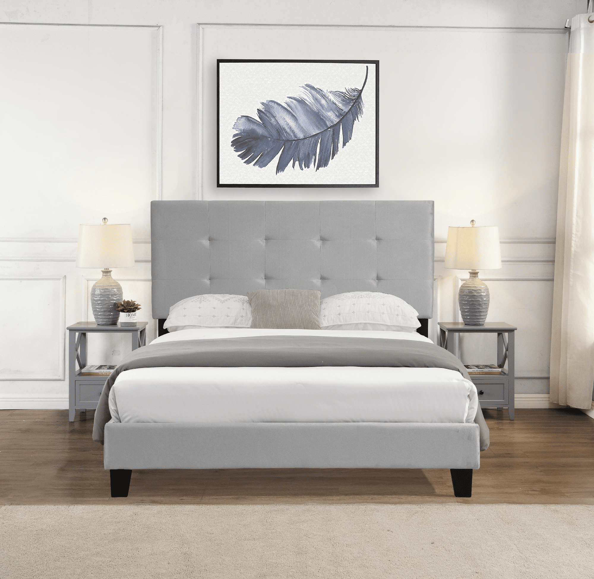 Gewnee Queen Size Velvet Upholstered Platform Bed Frame - Tufted Pull Point Headboard, No Box Spring Needed for Bedroom, Guest Room, Master Bedroom