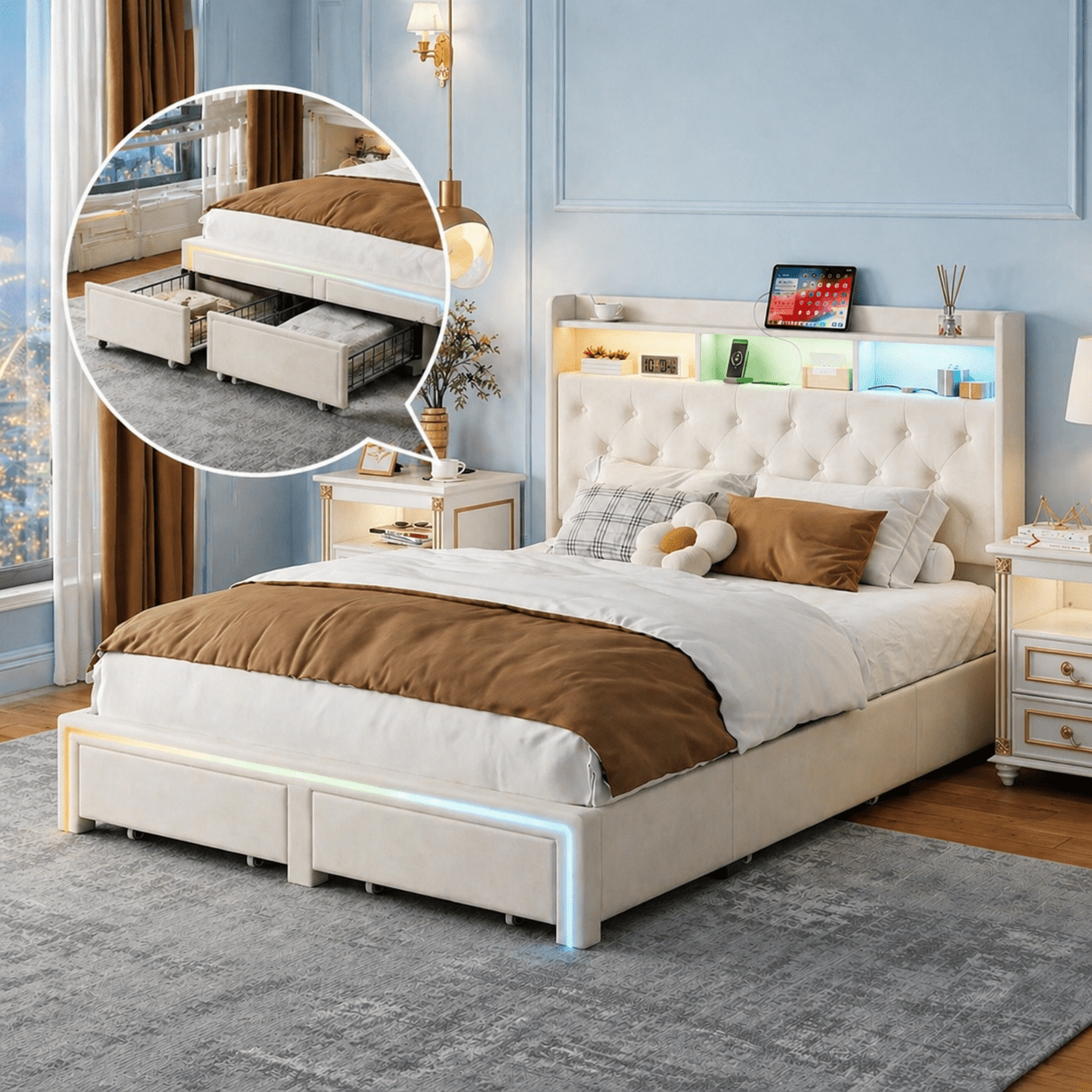 Gewnee Queen Size Velvet Upholstered Platform Bed Frame with RGB LED Lights, Charging Station, Storage Drawers, for Bedrooms & Guest Rooms