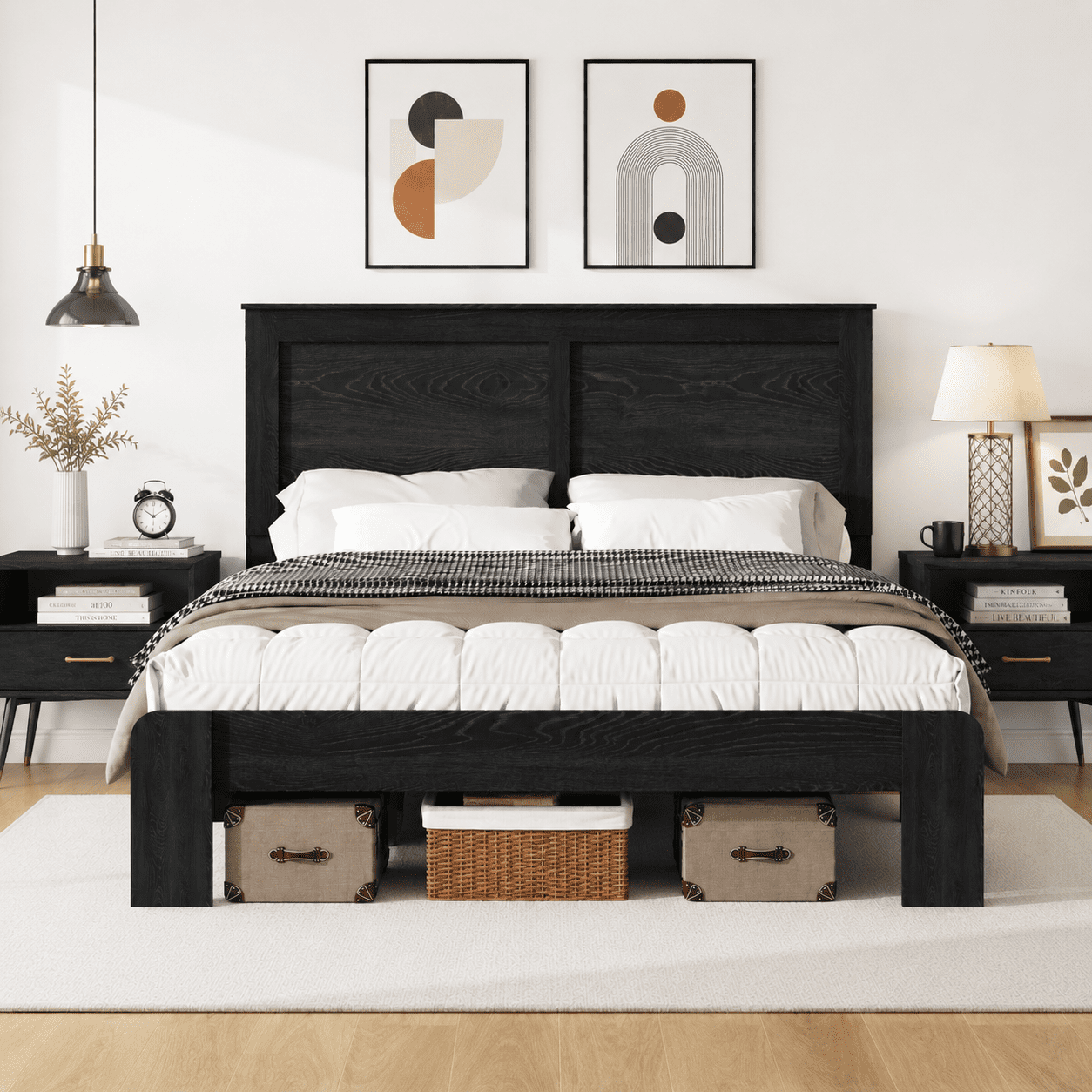 Gewnee Queen Size Wood & Metal Platform Bed Frame, Under Bed Storage, No Box Spring Required for Bedroom, Black