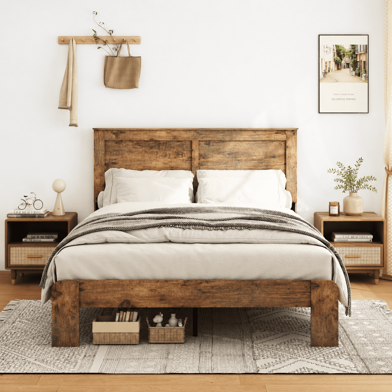 Gewnee King Size Wood & Metal Platform Bed Frame, Under Bed Storage, No Box Spring Required for Bedroom, Dark Brown