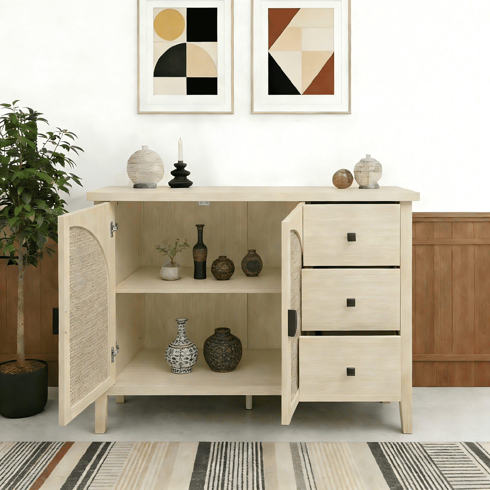 Gewnee Rattan 2 Door 3 Drawer Cabinet, Suitable for Bedroom, Living Room, Study